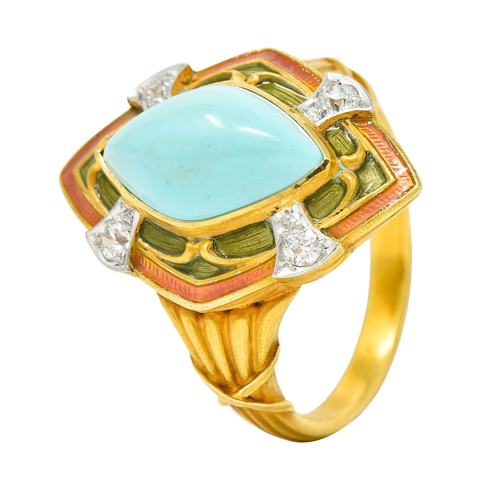 Art Nouveau Turquoise Diamond Enamel Platinum-Topped 14 Karat Gold Navette Ring