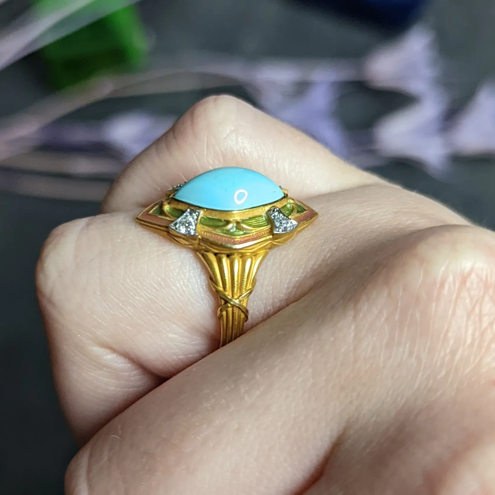 Art Nouveau Turquoise Diamond Enamel Platinum-Topped 14 Karat Gold Navette Ring