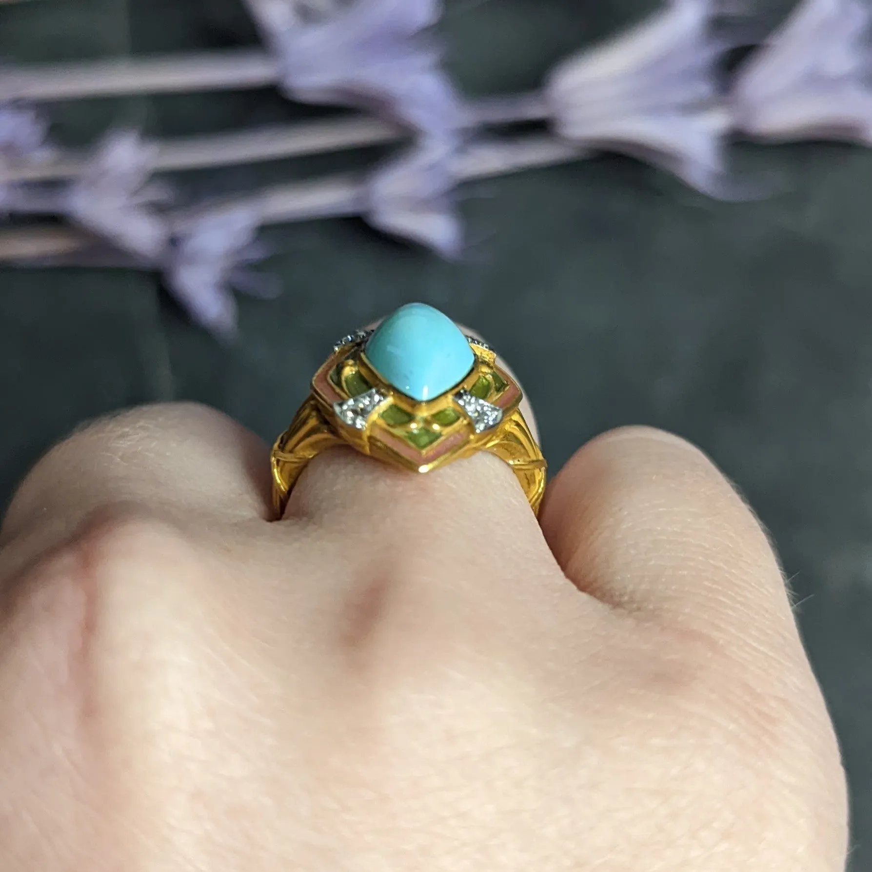 Art Nouveau Turquoise Diamond Enamel Platinum-Topped 14 Karat Gold Navette Ring