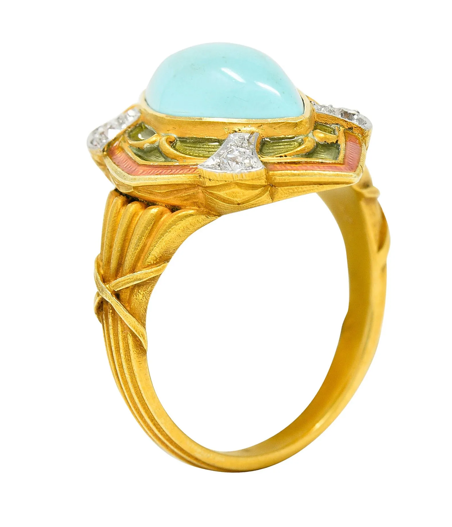 Art Nouveau Turquoise Diamond Enamel Platinum-Topped 14 Karat Gold Navette Ring