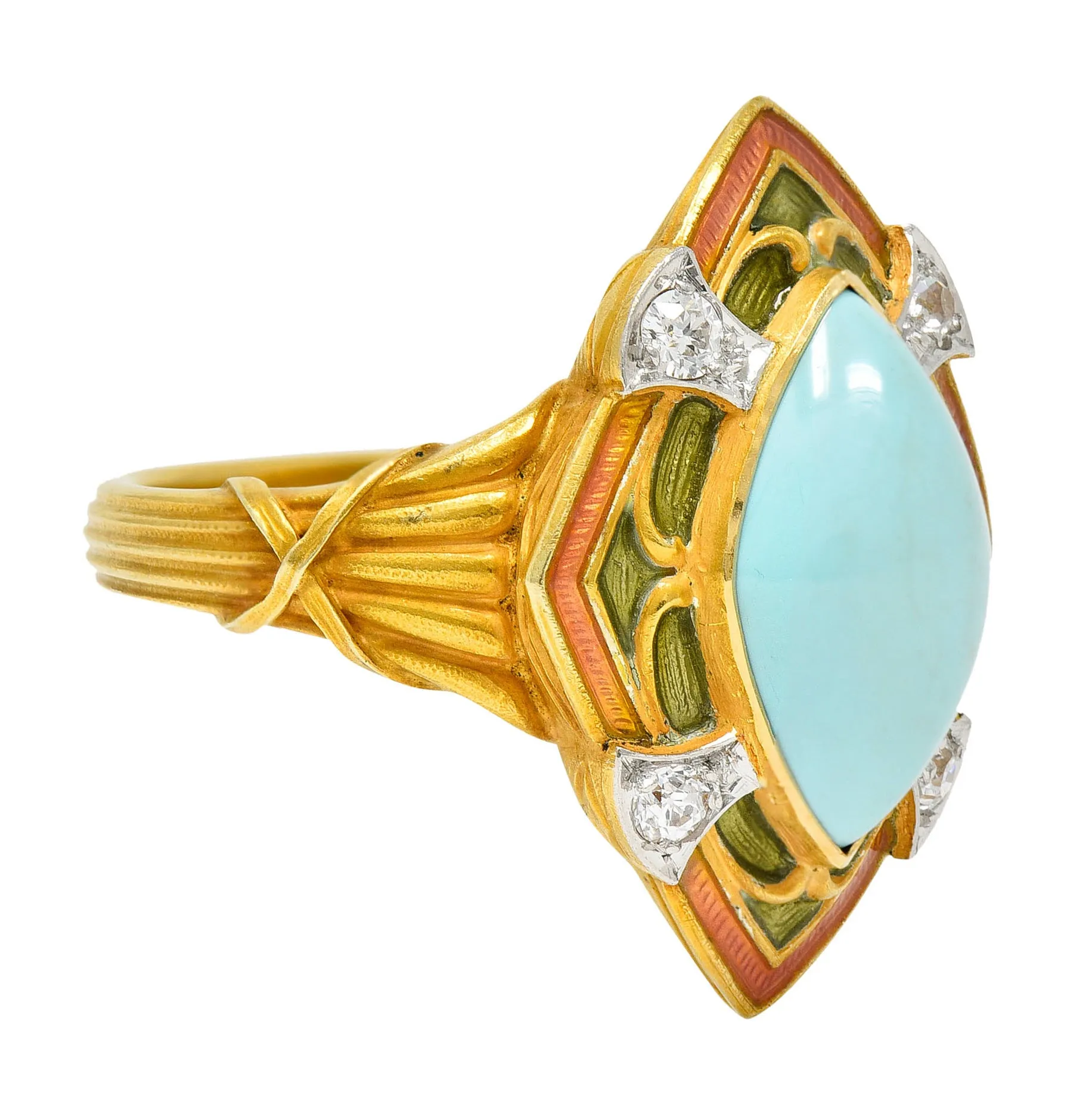 Art Nouveau Turquoise Diamond Enamel Platinum-Topped 14 Karat Gold Navette Ring