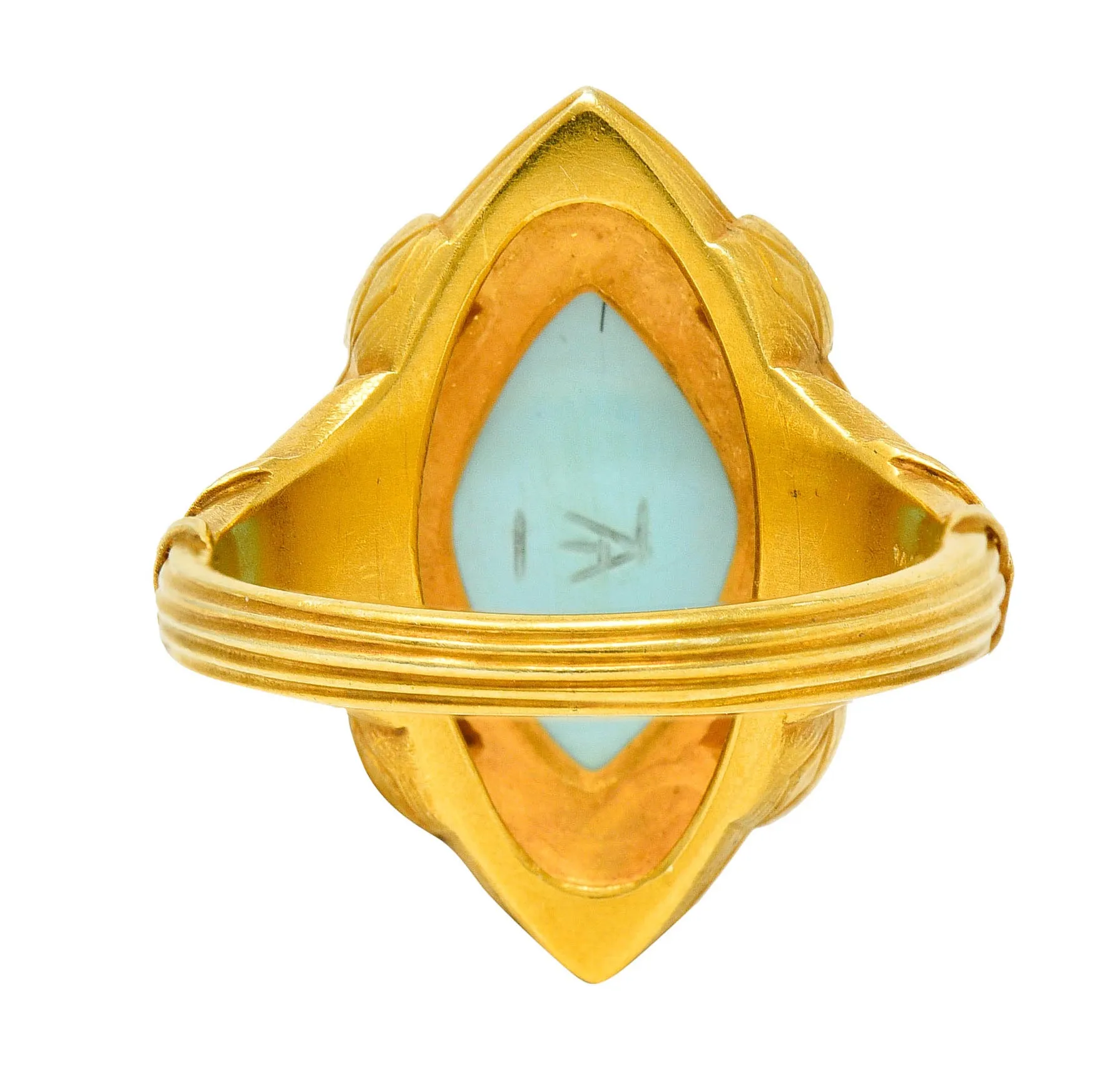 Art Nouveau Turquoise Diamond Enamel Platinum-Topped 14 Karat Gold Navette Ring