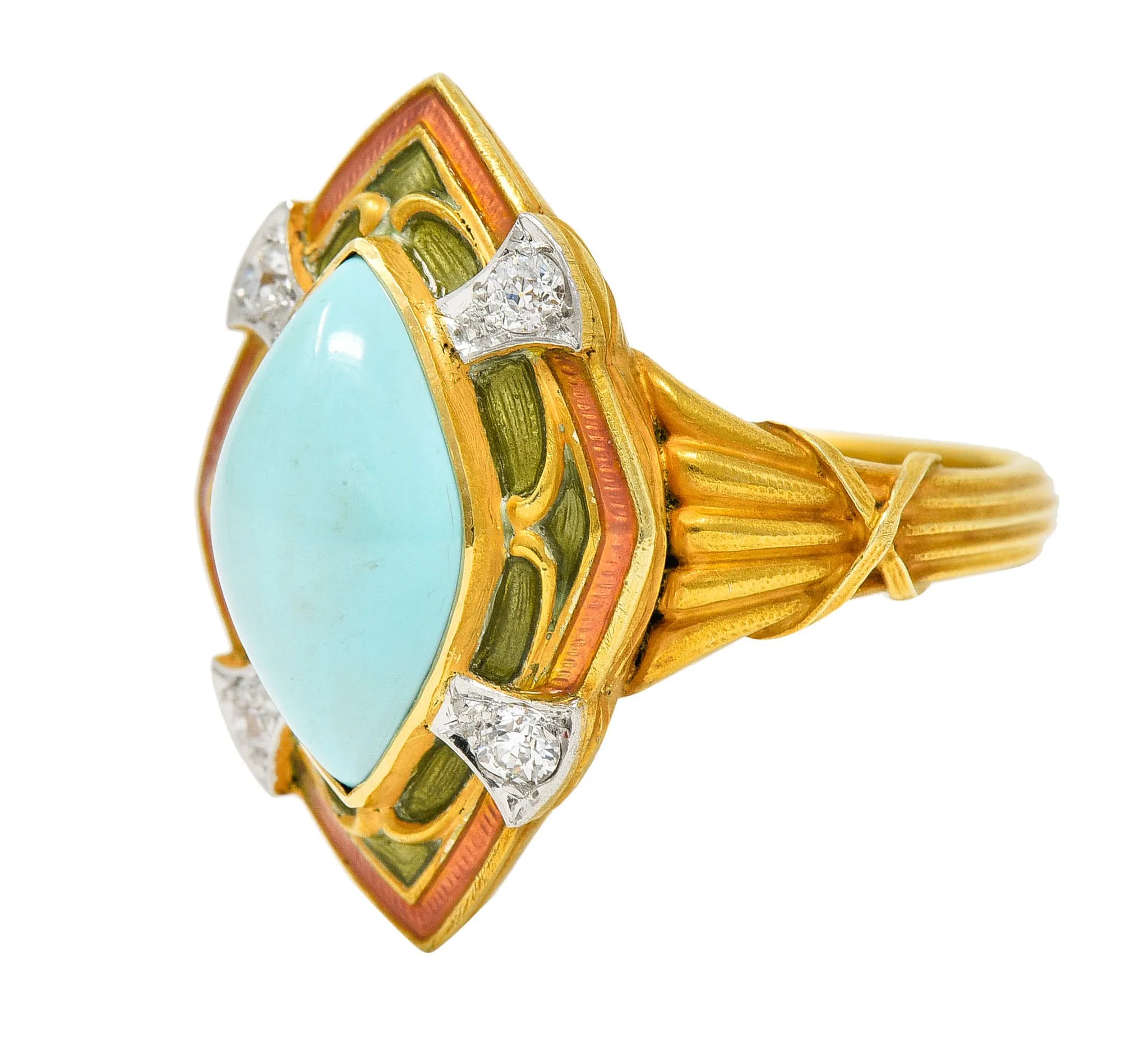 Art Nouveau Turquoise Diamond Enamel Platinum-Topped 14 Karat Gold Navette Ring