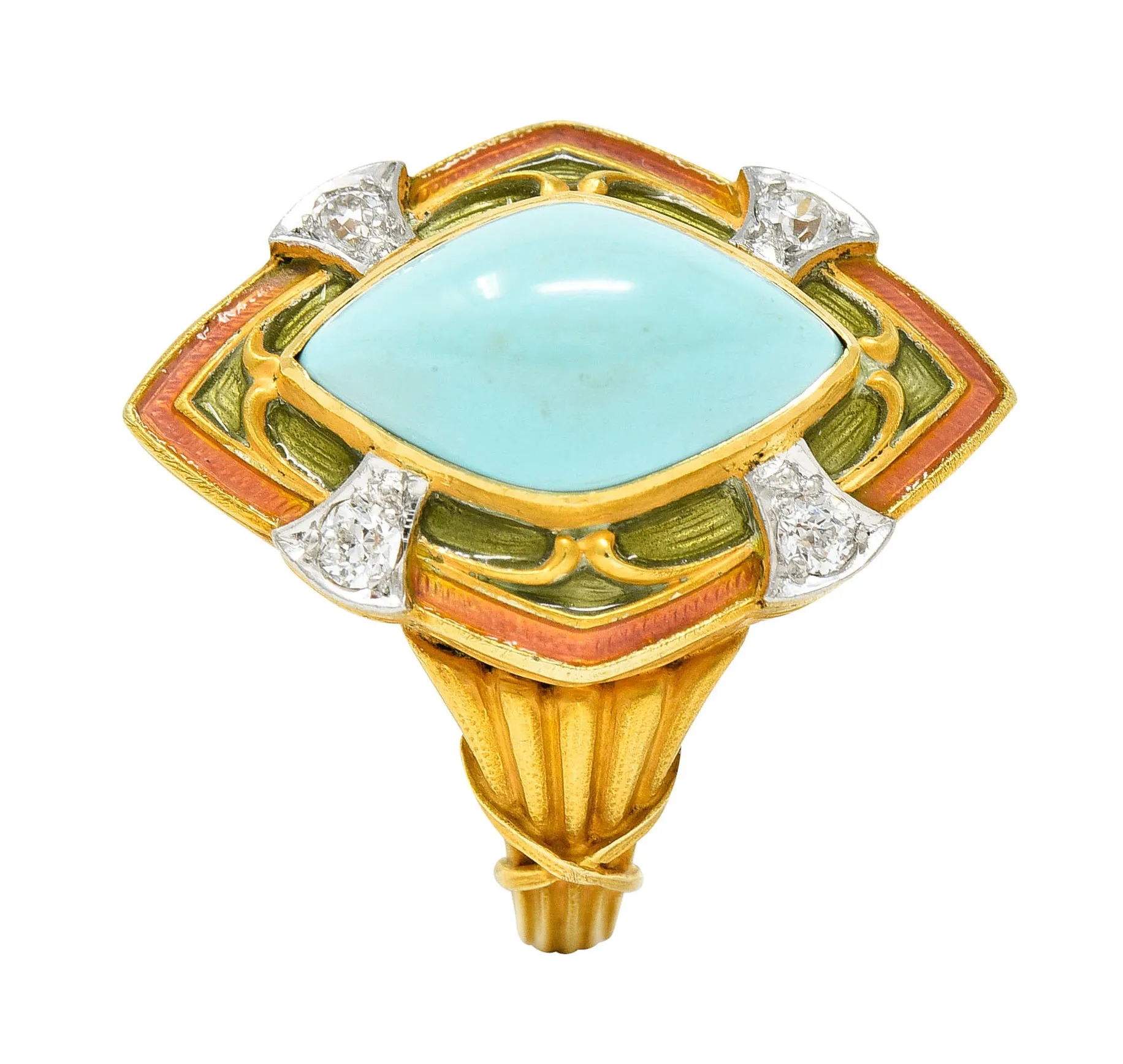 Art Nouveau Turquoise Diamond Enamel Platinum-Topped 14 Karat Gold Navette Ring