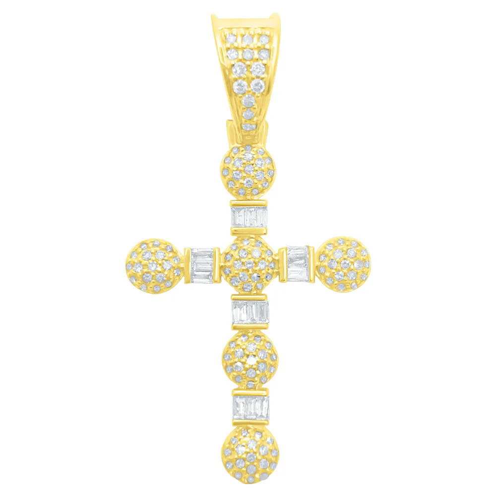 Baguette & Ball Cross Diamond Pendant .75cttw 10K Yellow Gold