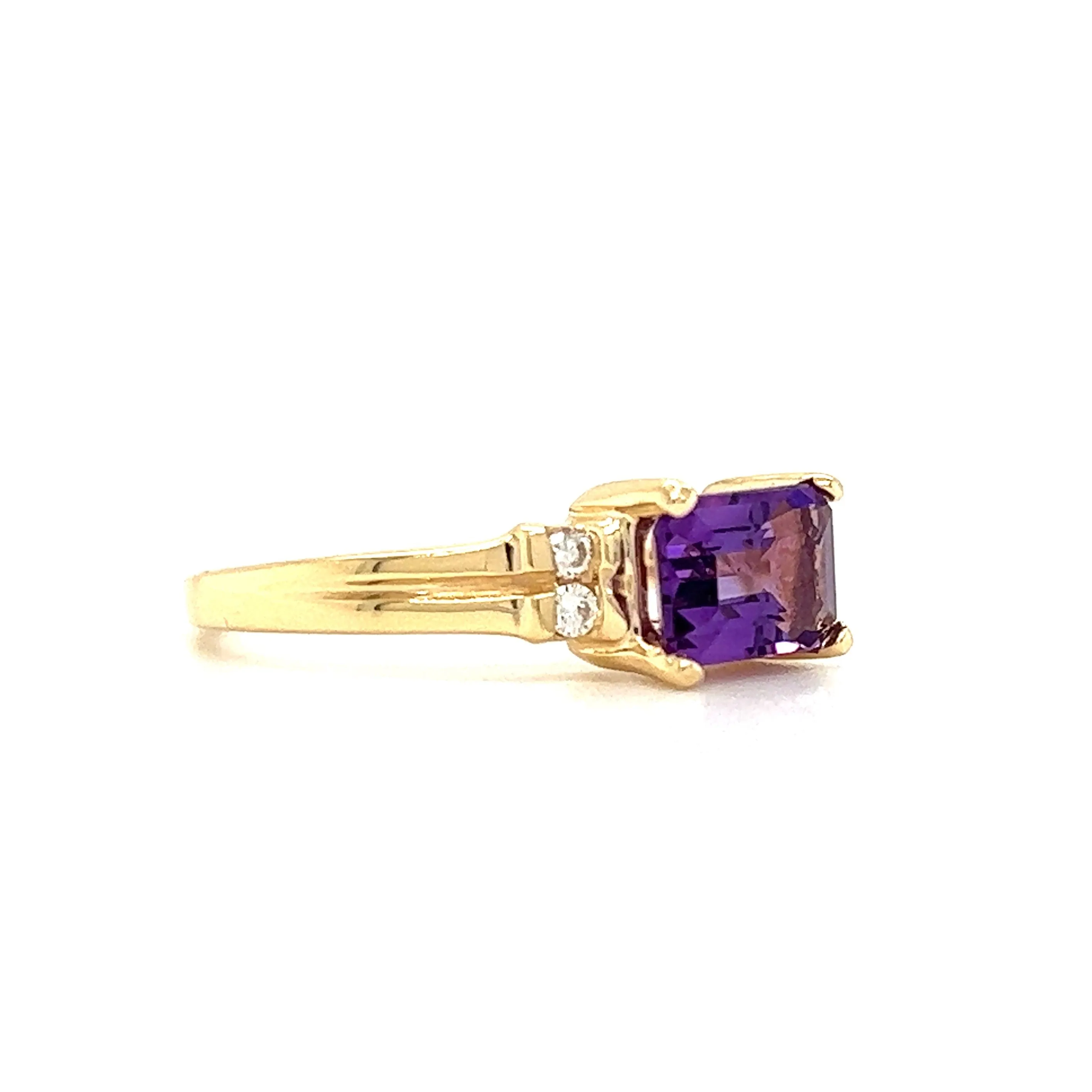 Baguette Amethyst Ring with Four Side Diamonds in 14K Yellow Gold