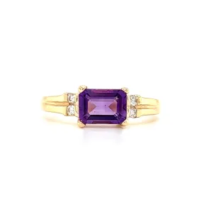 Baguette Amethyst Ring with Four Side Diamonds in 14K Yellow Gold