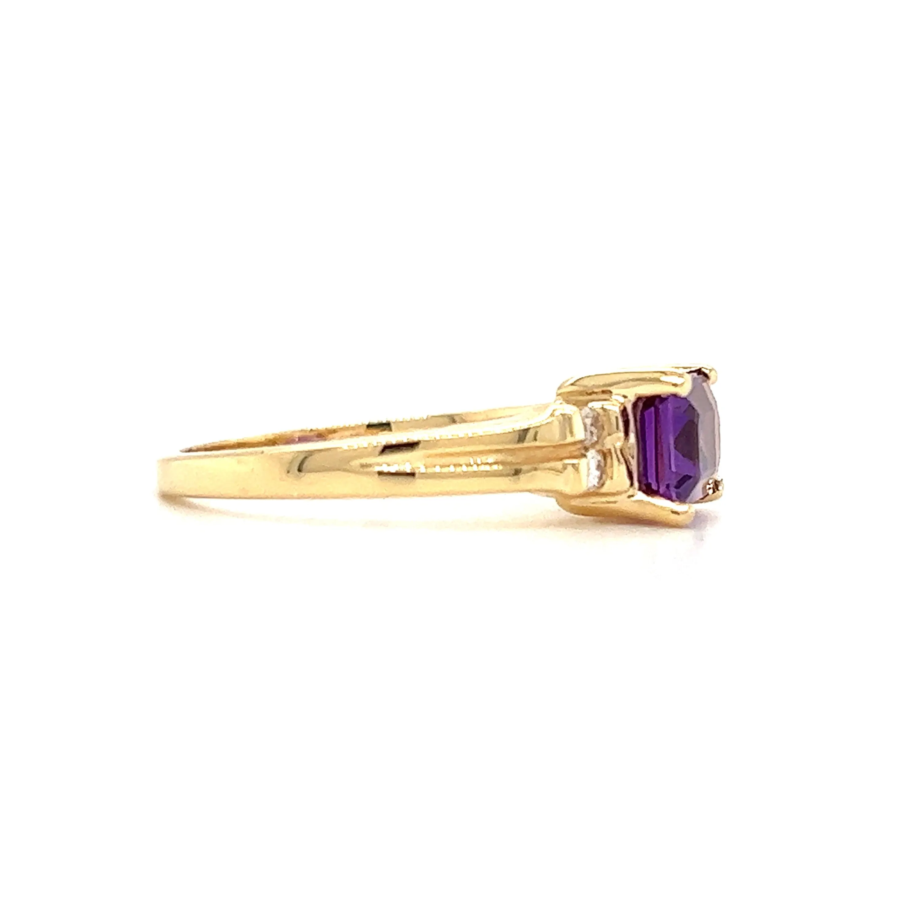 Baguette Amethyst Ring with Four Side Diamonds in 14K Yellow Gold