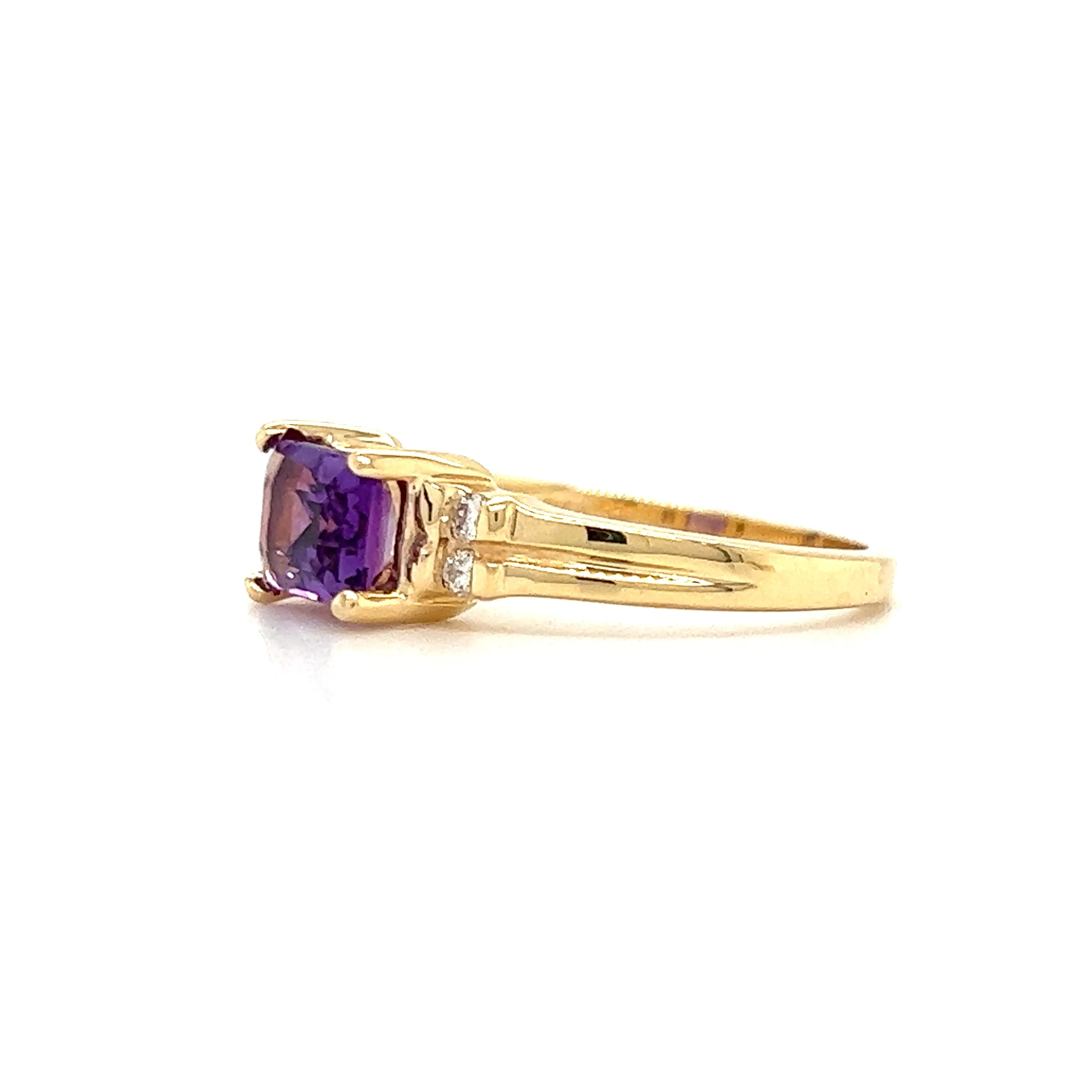 Baguette Amethyst Ring with Four Side Diamonds in 14K Yellow Gold