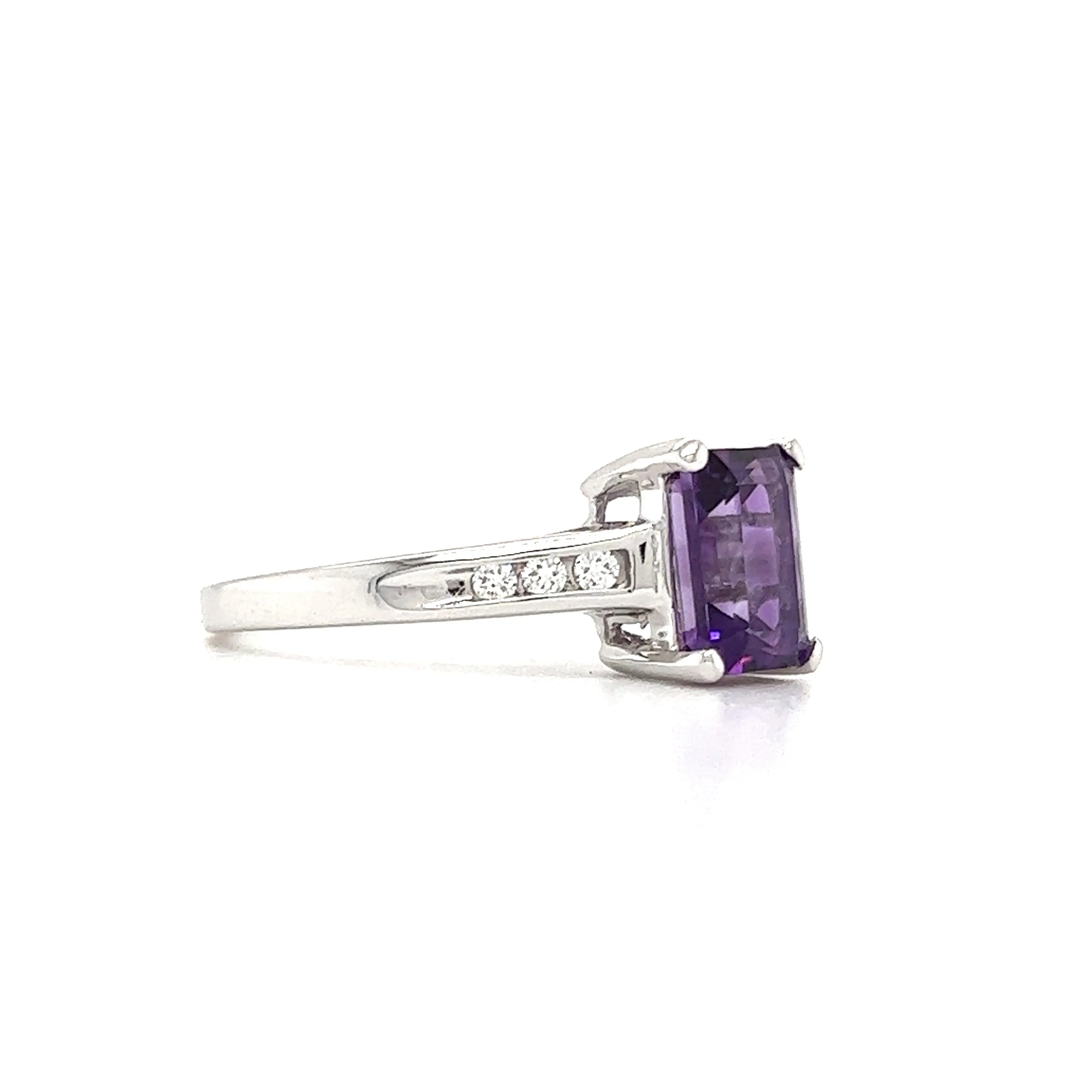 Baguette Amethyst Ring with Six Side Diamonds in 14K White Gold