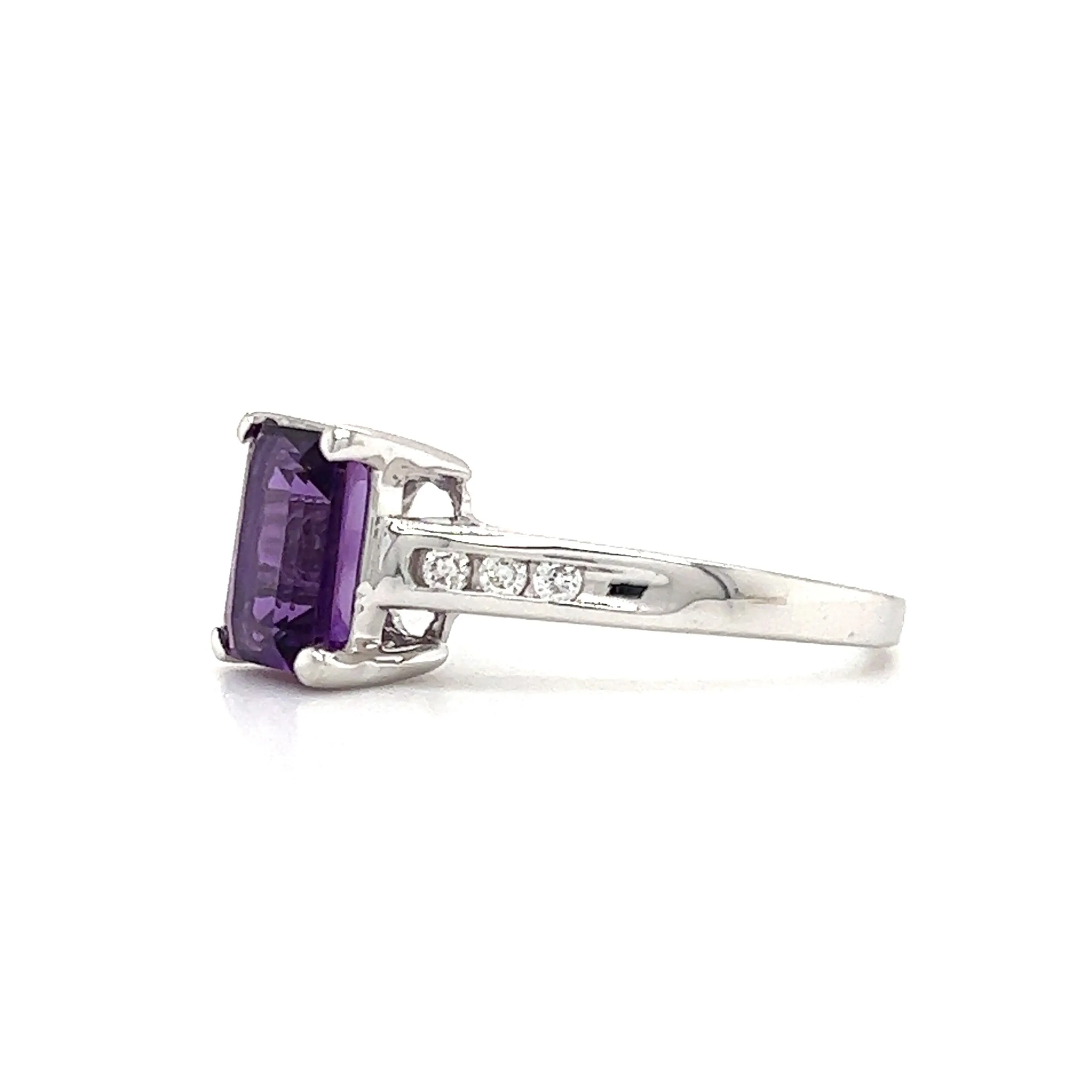 Baguette Amethyst Ring with Six Side Diamonds in 14K White Gold