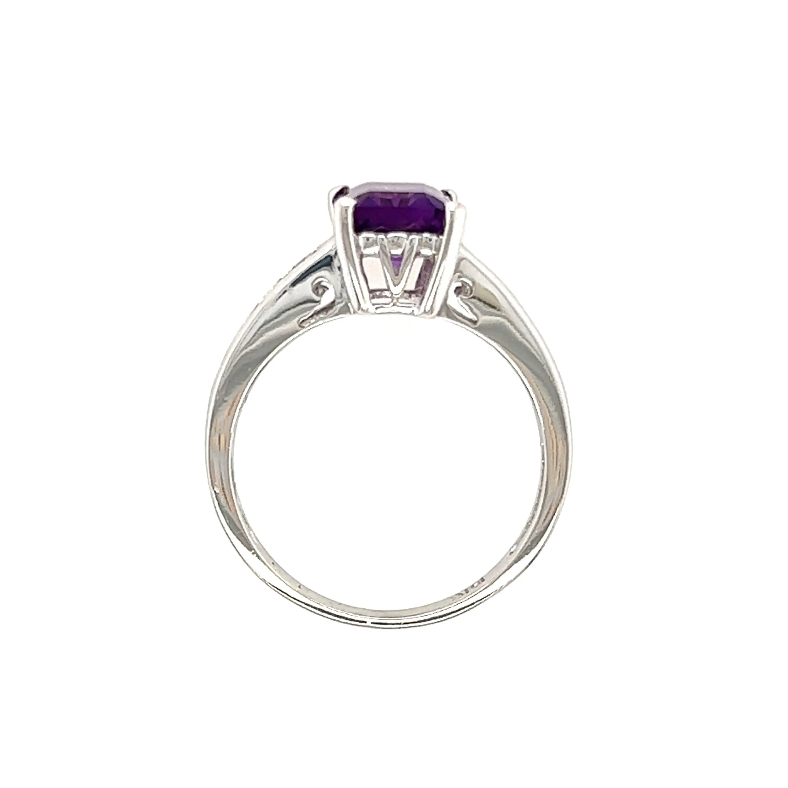 Baguette Amethyst Ring with Six Side Diamonds in 14K White Gold