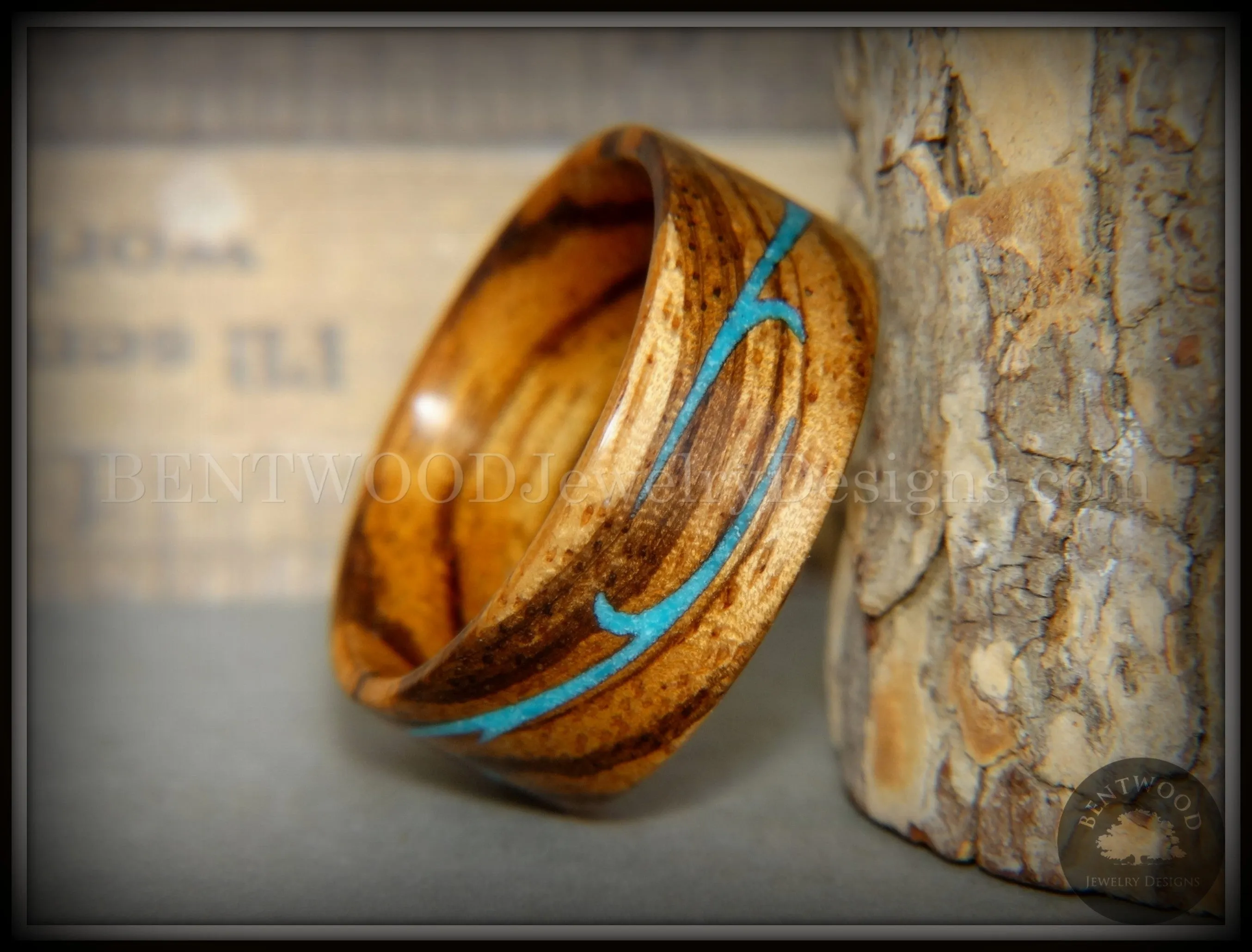 Bentwood Ring - Scroll Zebrawood Ring with Turquoise Inlay