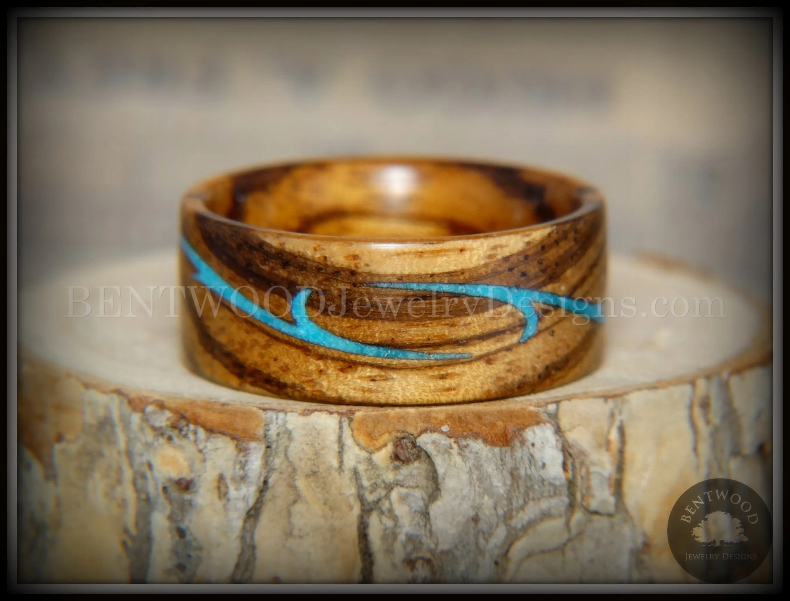 Bentwood Ring - Scroll Zebrawood Ring with Turquoise Inlay