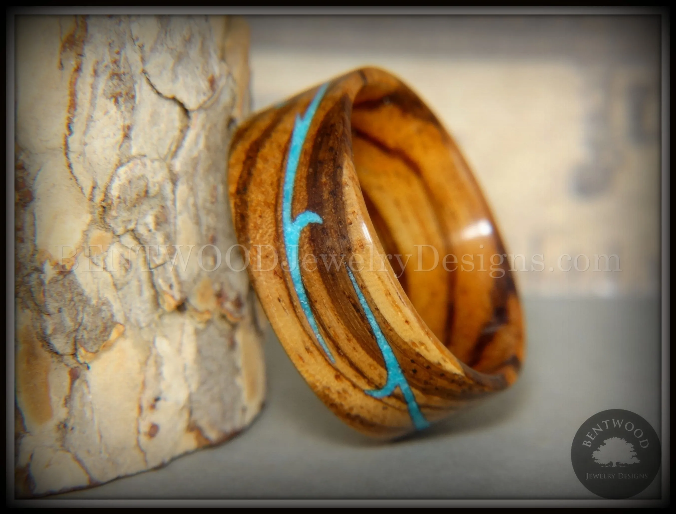 Bentwood Ring - Scroll Zebrawood Ring with Turquoise Inlay