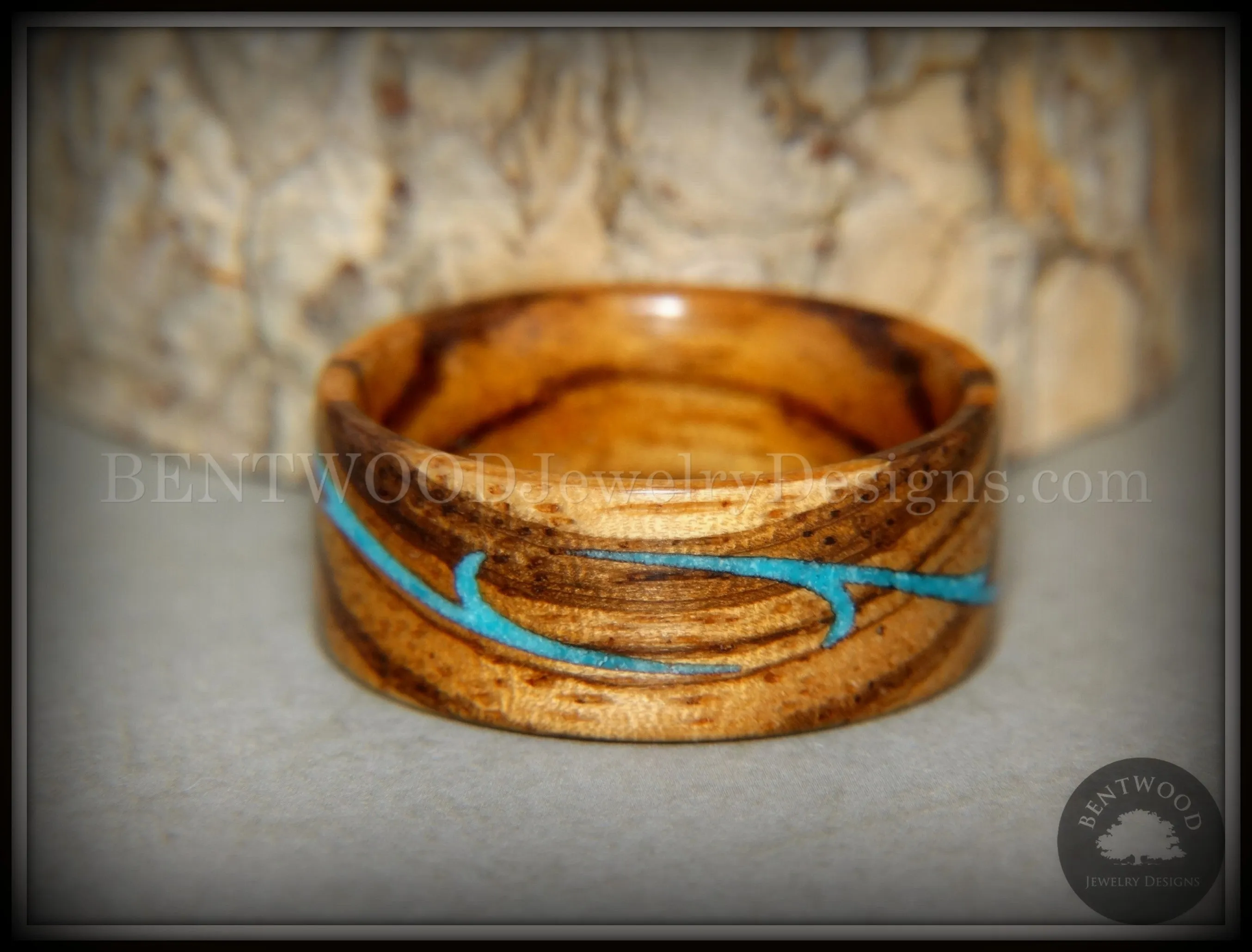 Bentwood Ring - Scroll Zebrawood Ring with Turquoise Inlay