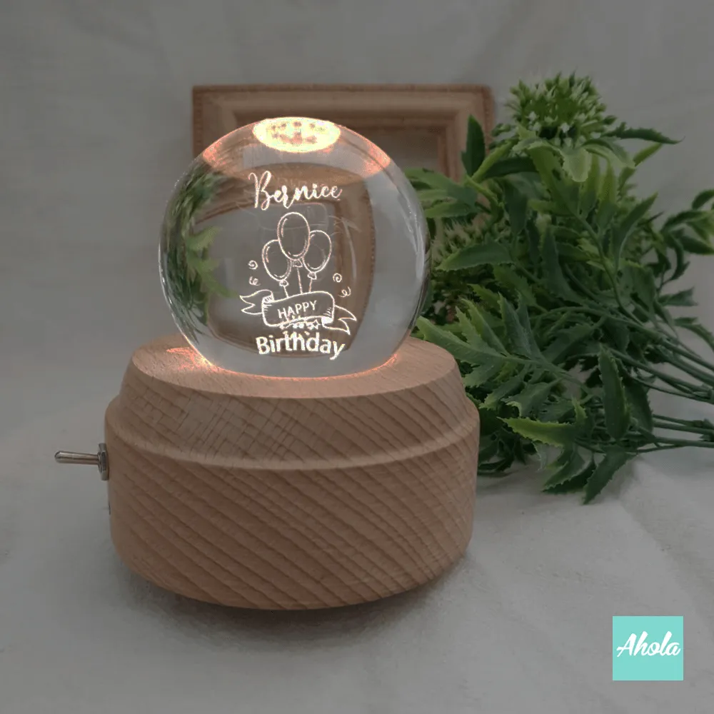 【Birthday Wish】Laser Engraved Crystal Ball and Wood Music Box 刻字生日水晶球音樂盒