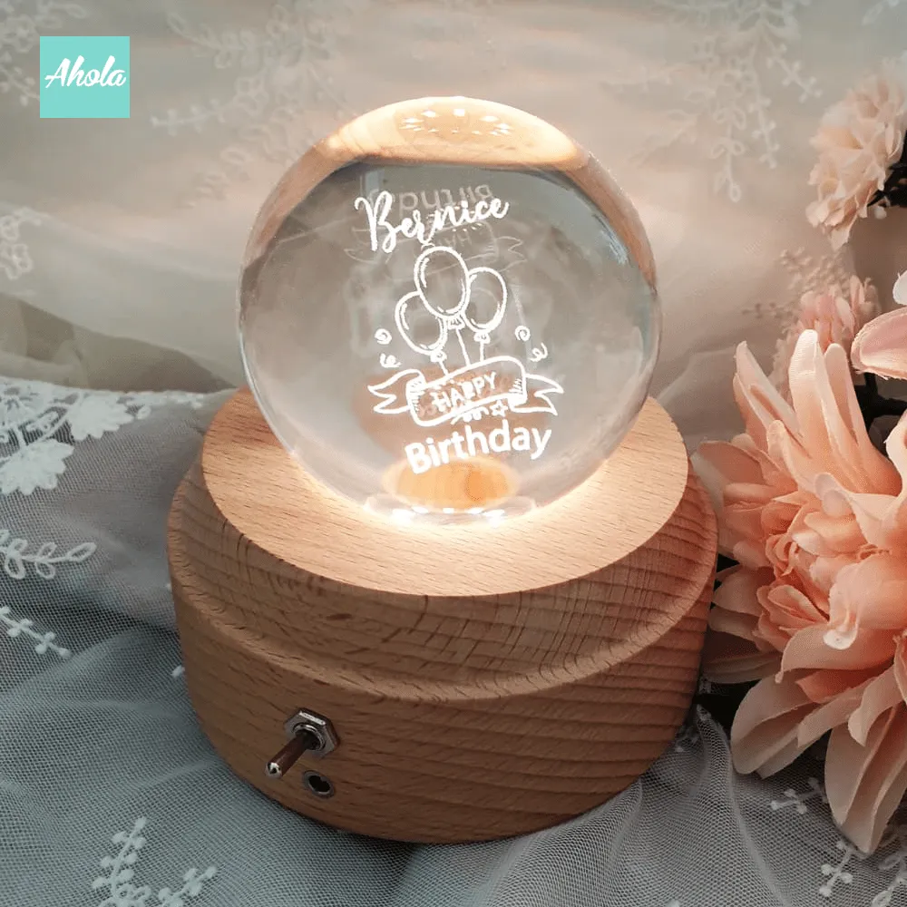 【Birthday Wish】Laser Engraved Crystal Ball and Wood Music Box 刻字生日水晶球音樂盒