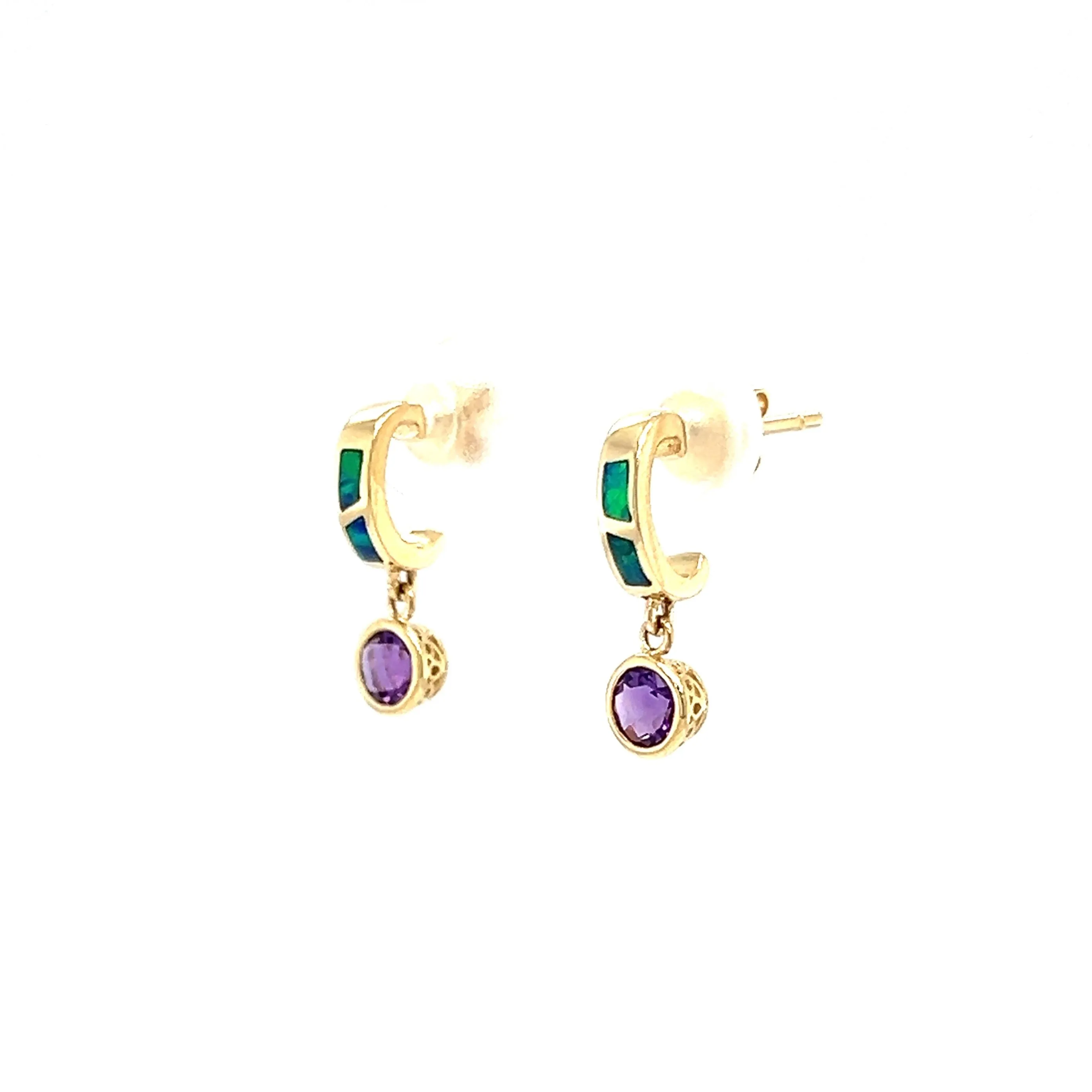 Black Opal C-Hoop Earrings with 0.5ctw of Amethyst in 14K Yellow Gold