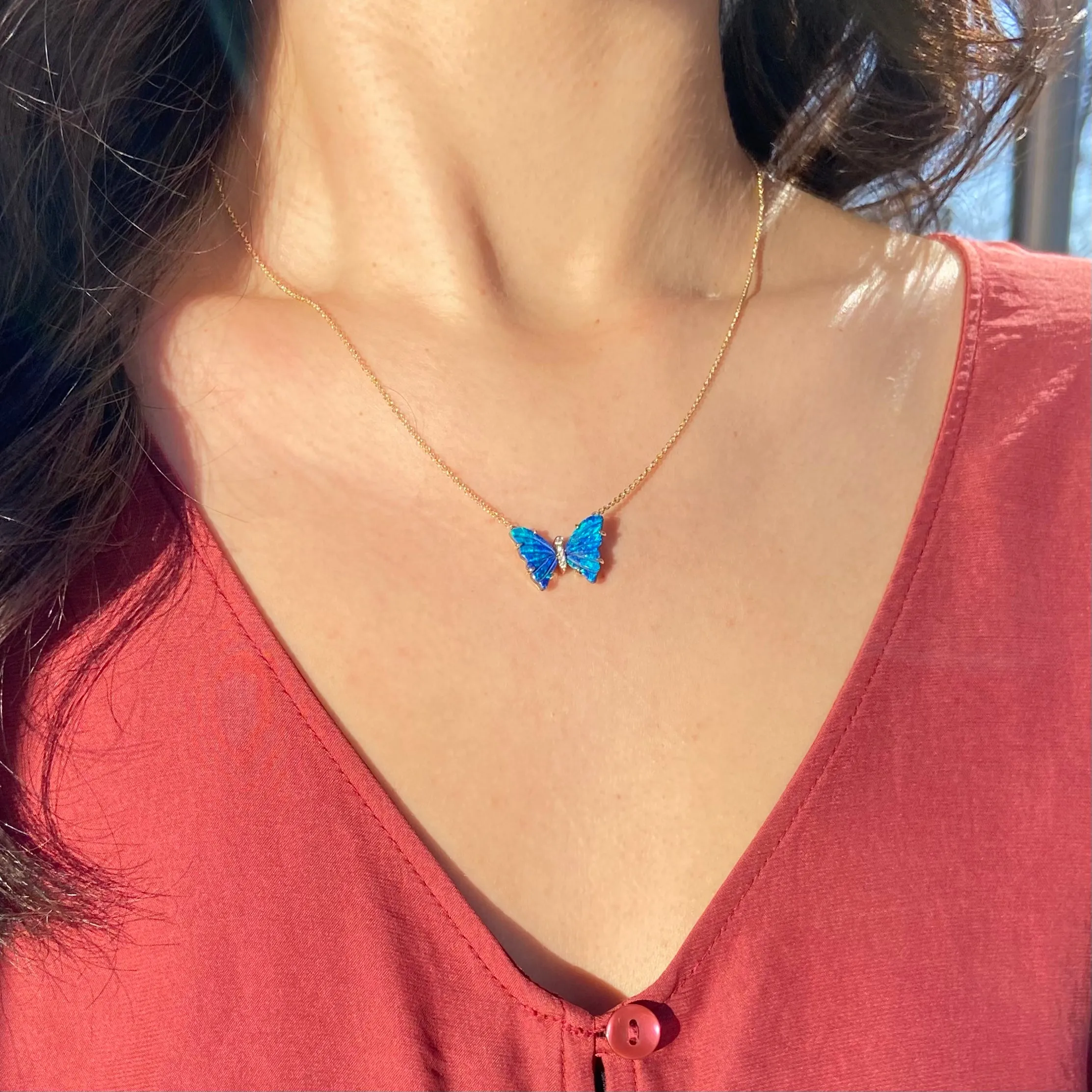 Blue Opal Butterfly Necklace with Diamonds and Prongs