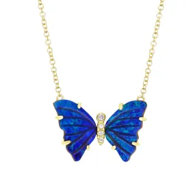 Blue Opal Butterfly Necklace with Diamonds and Prongs