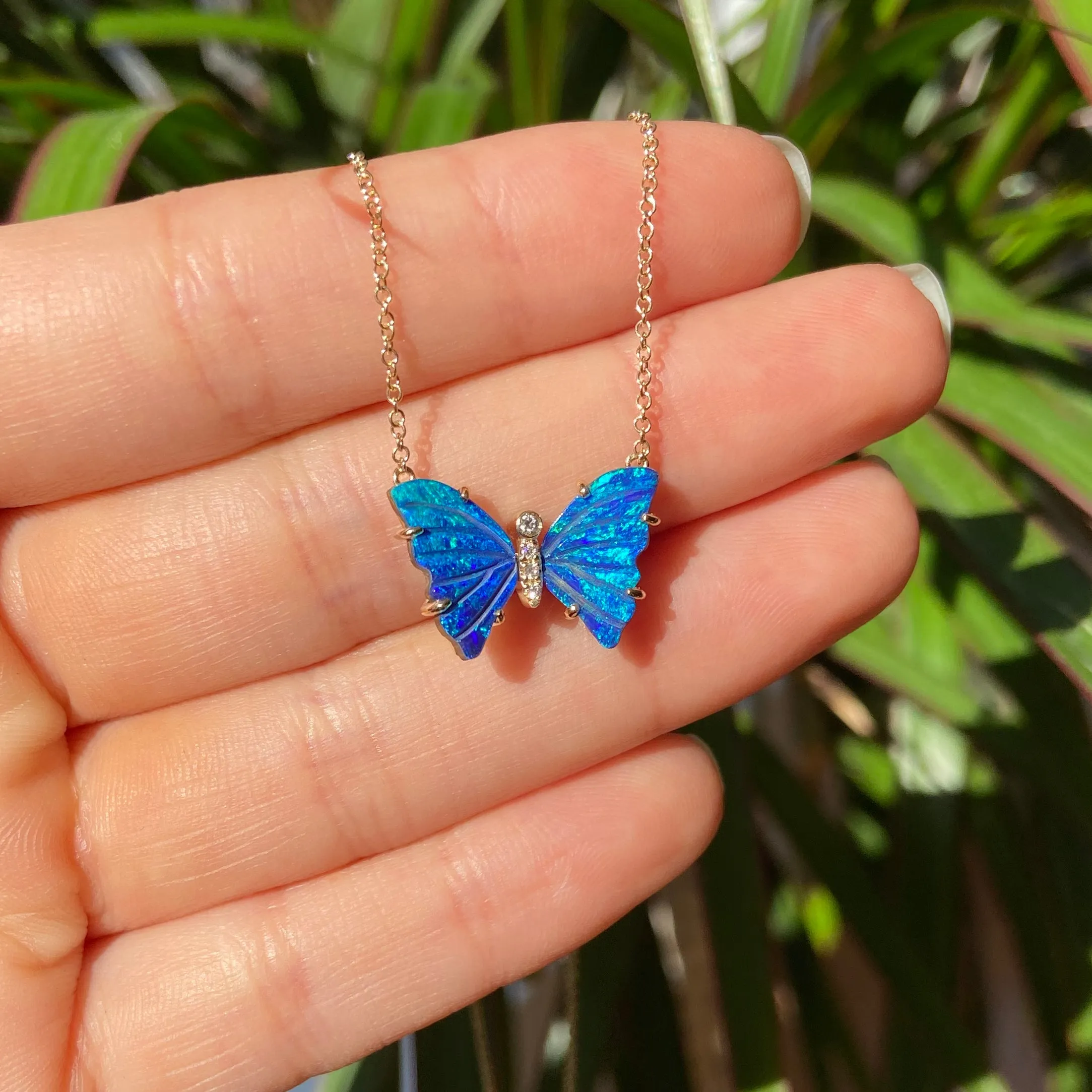 Blue Opal Butterfly Necklace with Diamonds and Prongs