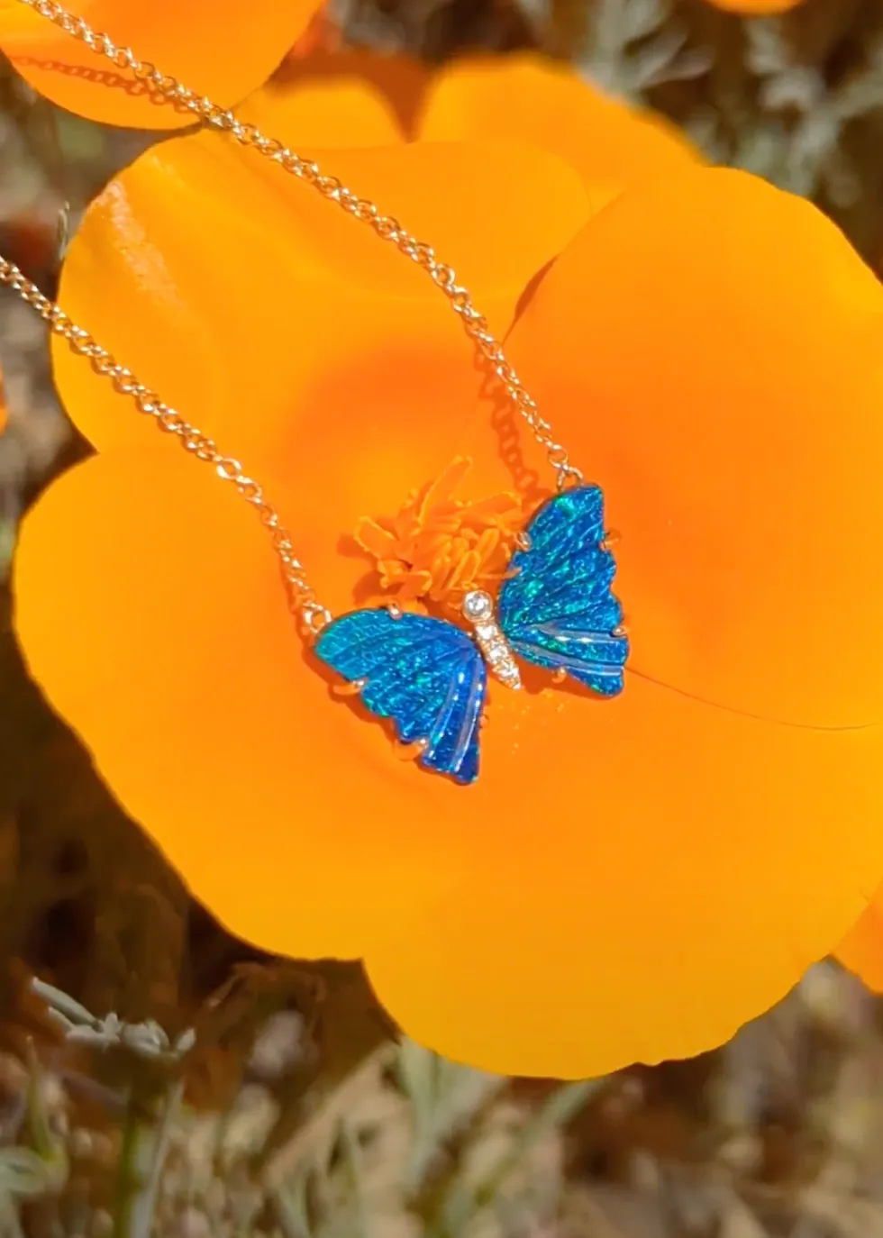 Blue Opal Butterfly Necklace with Diamonds and Prongs