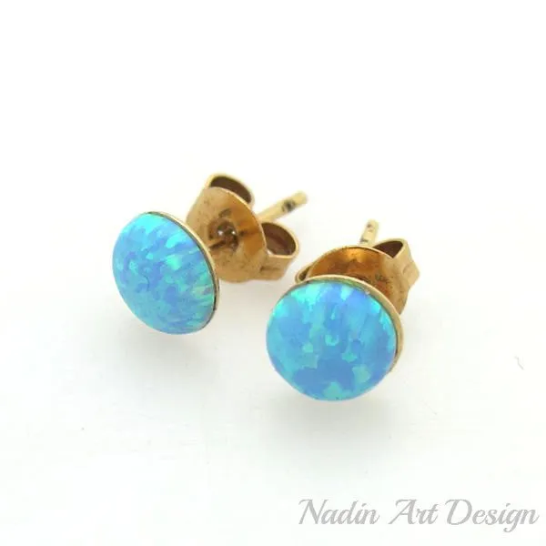 Blue Opal Gold Stud Earrings