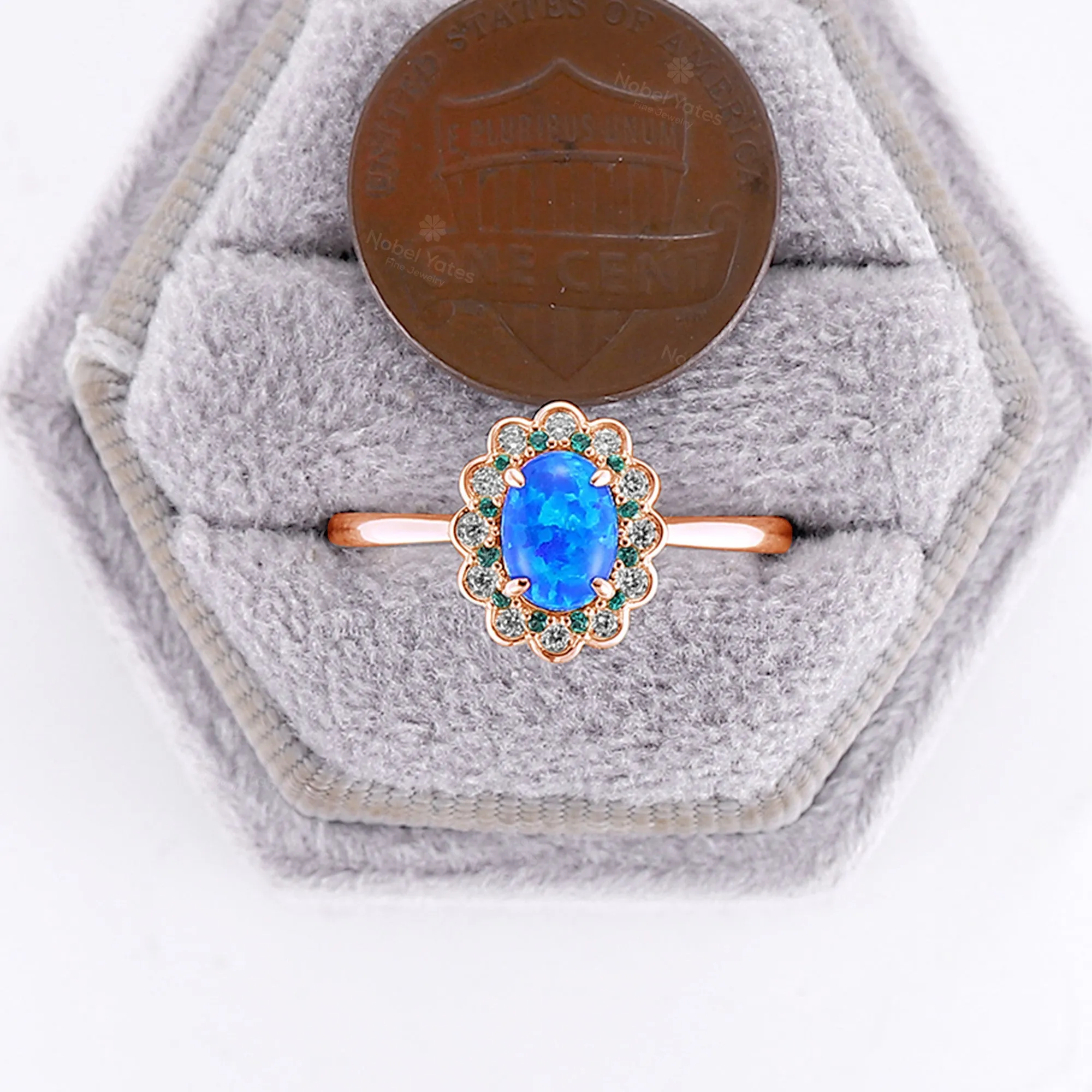 Blue Oval Lab Opal Lab Emerald & Moissanite Halo Engagement Ring Rose Gold