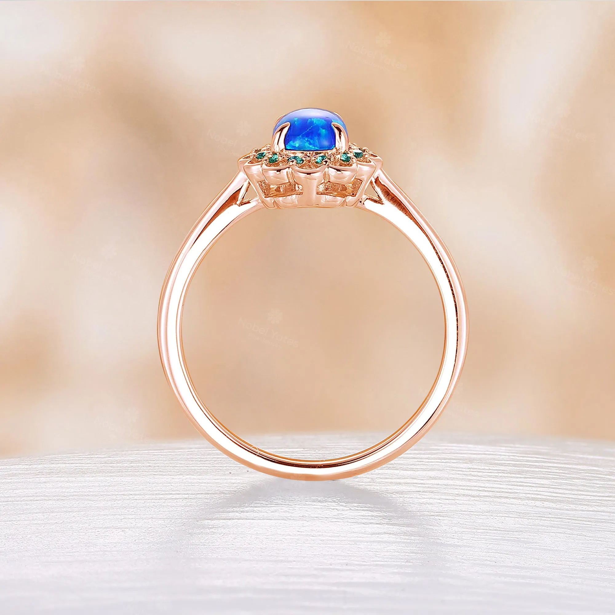 Blue Oval Lab Opal Lab Emerald & Moissanite Halo Engagement Ring Rose Gold