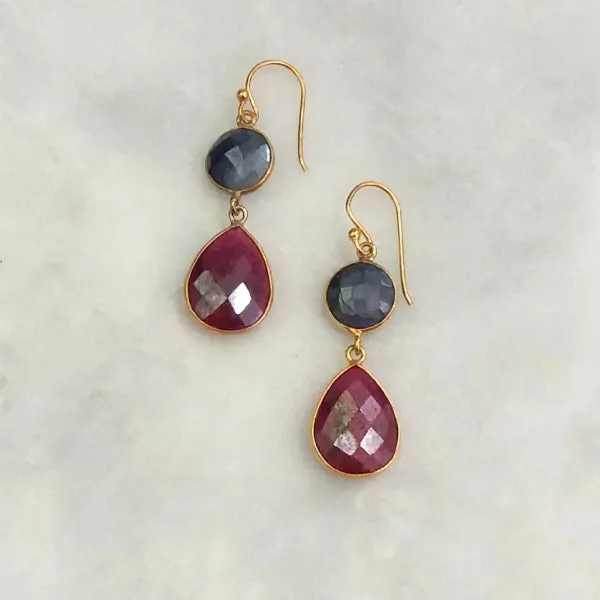 Blue Sapphire and Ruby Double Drop Earrings