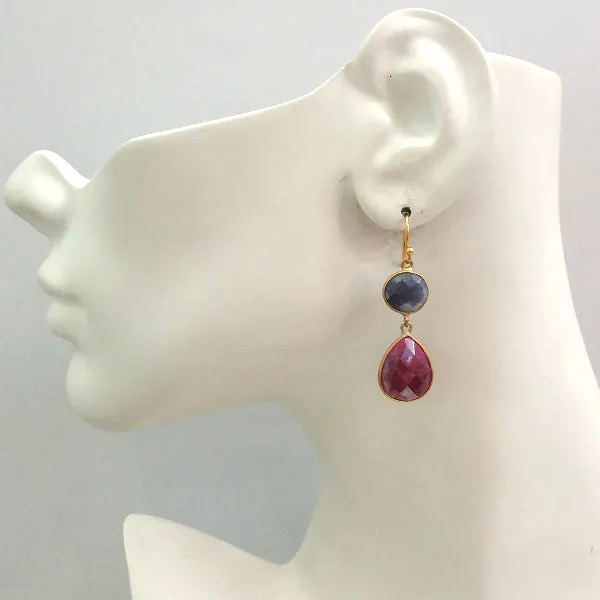 Blue Sapphire and Ruby Double Drop Earrings