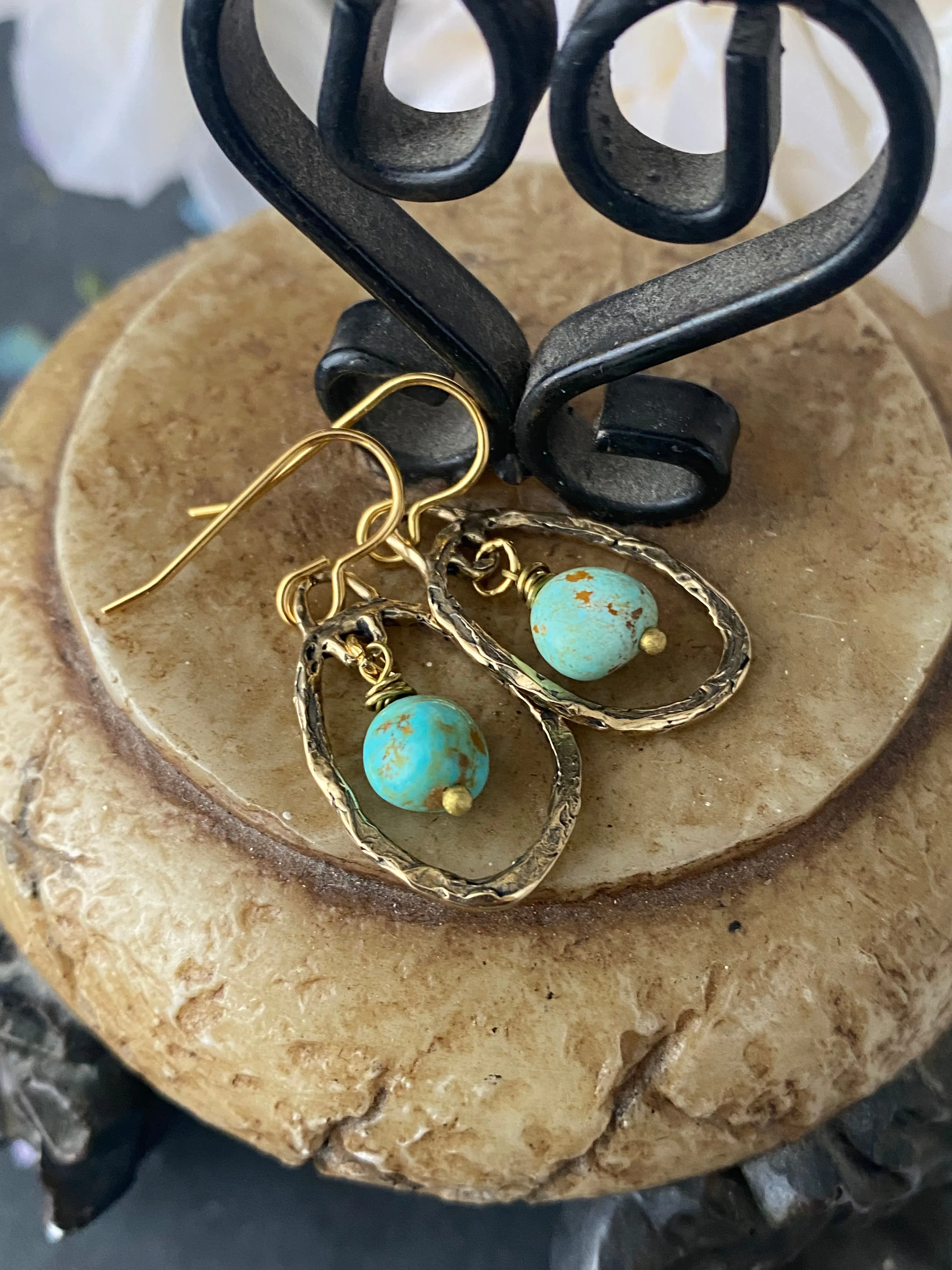 Bronze handmade charms with Kingman turquoise, brass metal, earrings