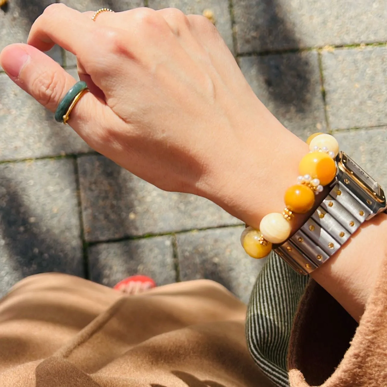 Burmese Yellow Agate, Yellow Calcite & Golden Jade Bracelet