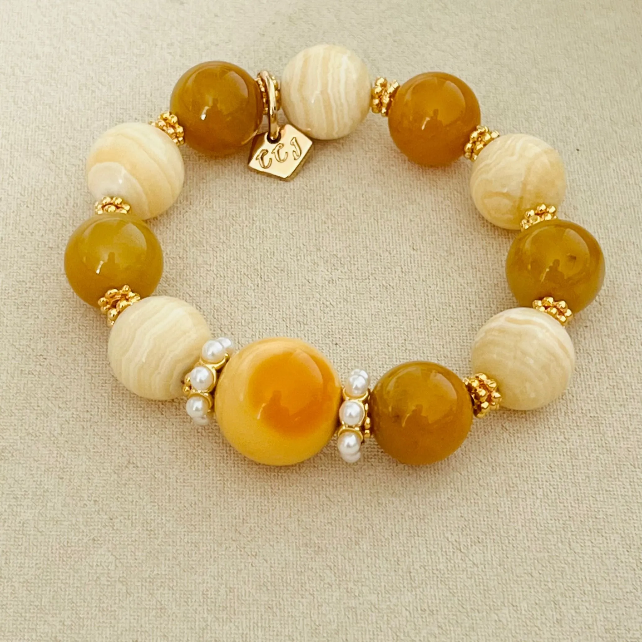 Burmese Yellow Agate, Yellow Calcite & Golden Jade Bracelet