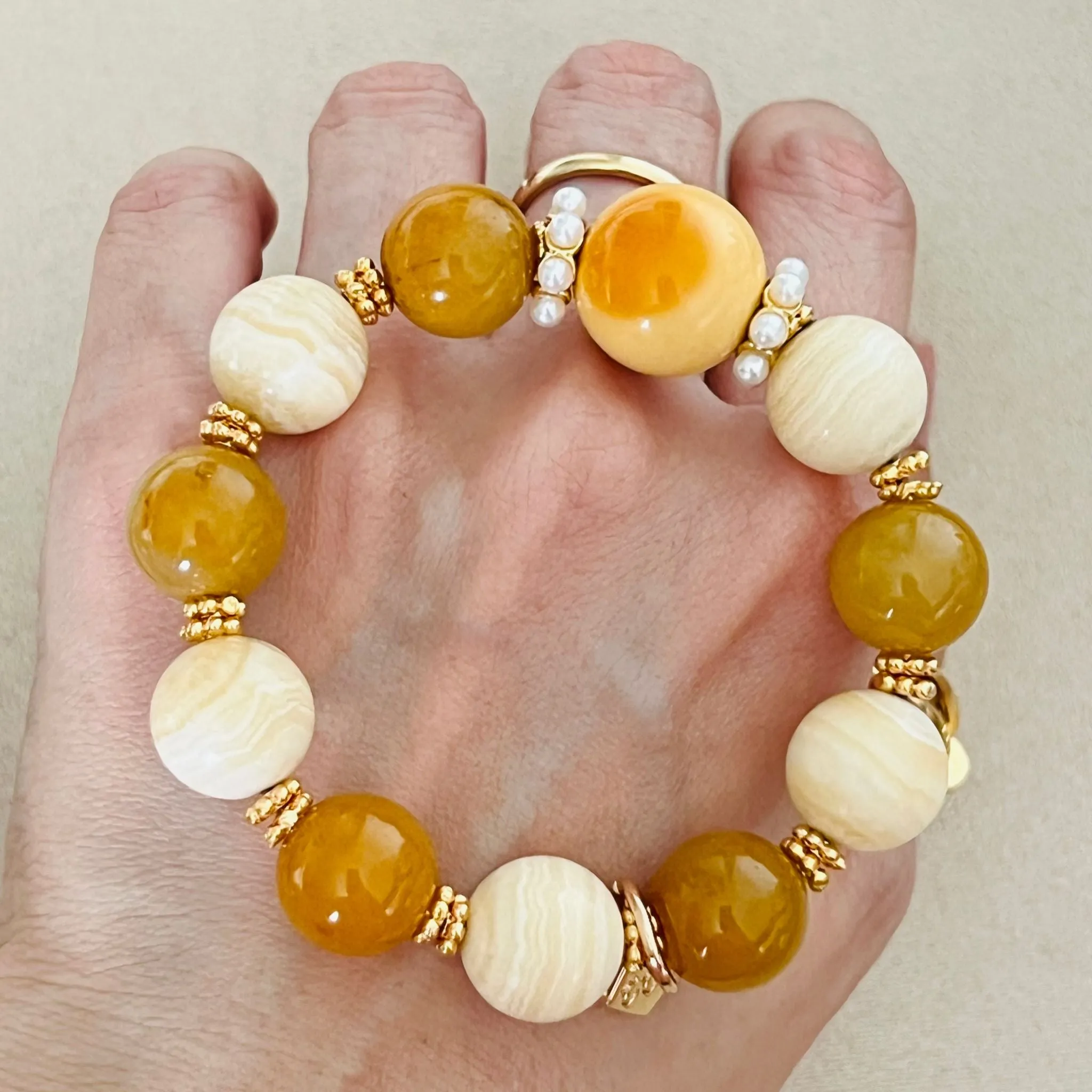 Burmese Yellow Agate, Yellow Calcite & Golden Jade Bracelet