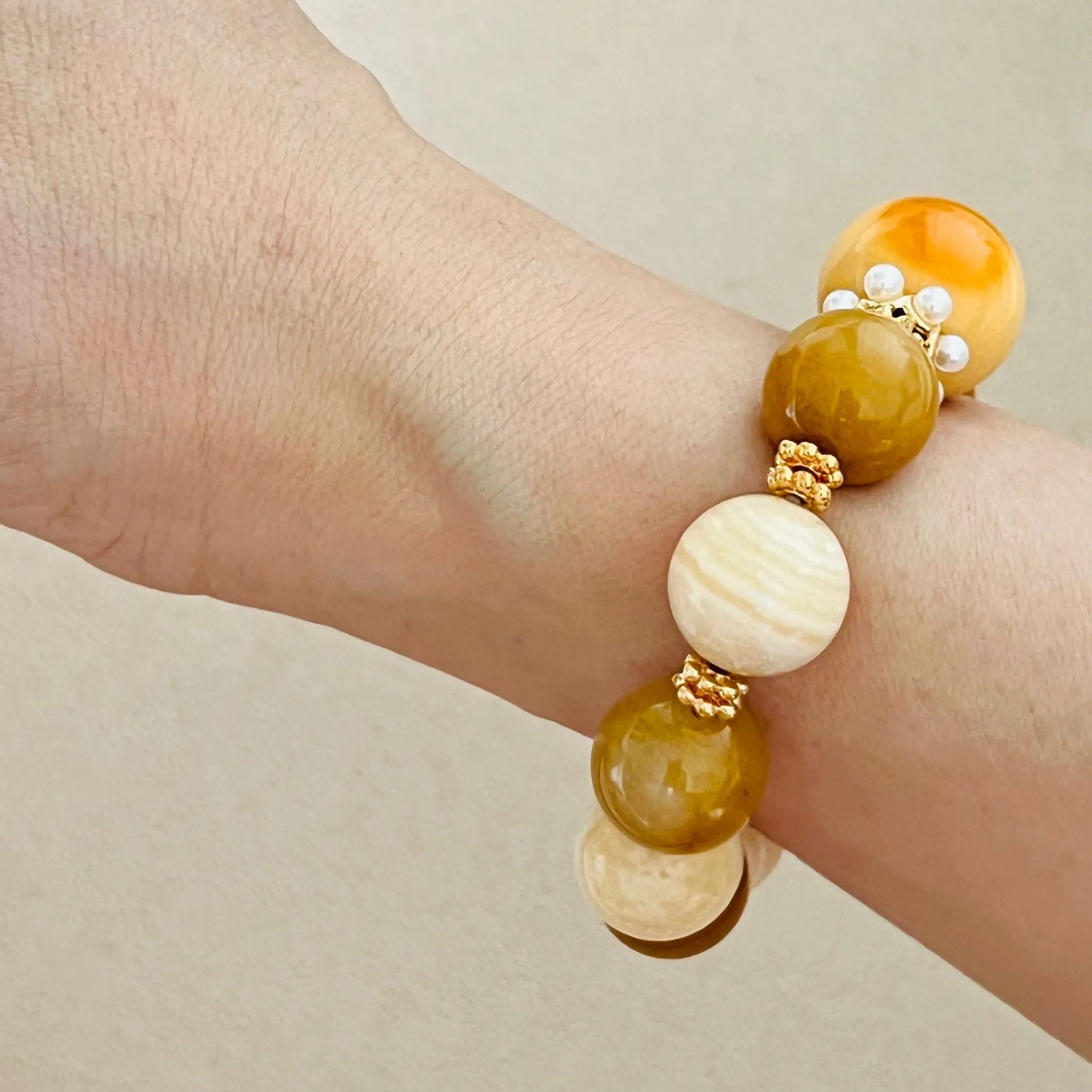 Burmese Yellow Agate, Yellow Calcite & Golden Jade Bracelet