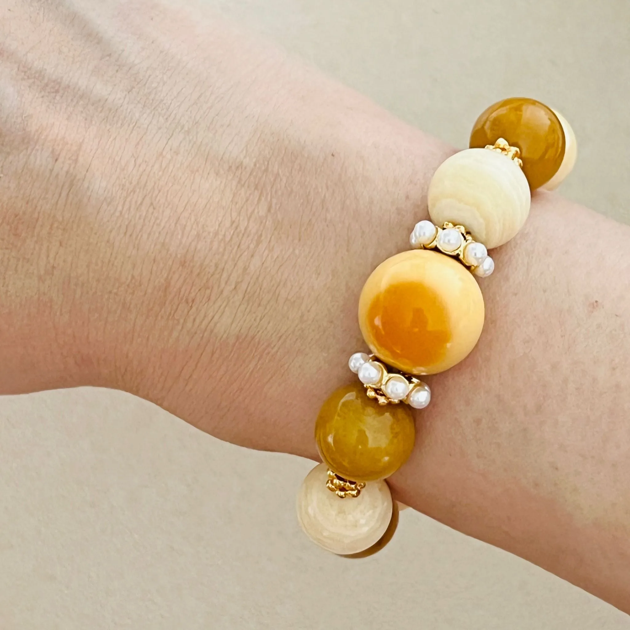 Burmese Yellow Agate, Yellow Calcite & Golden Jade Bracelet