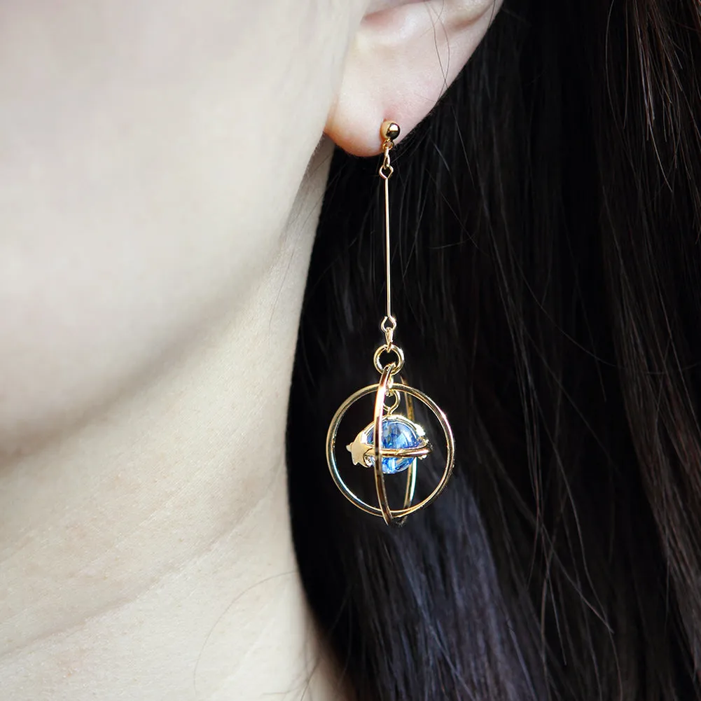 Circle Blue Planet Dangle Earrings, Drop Earrings, Saturn