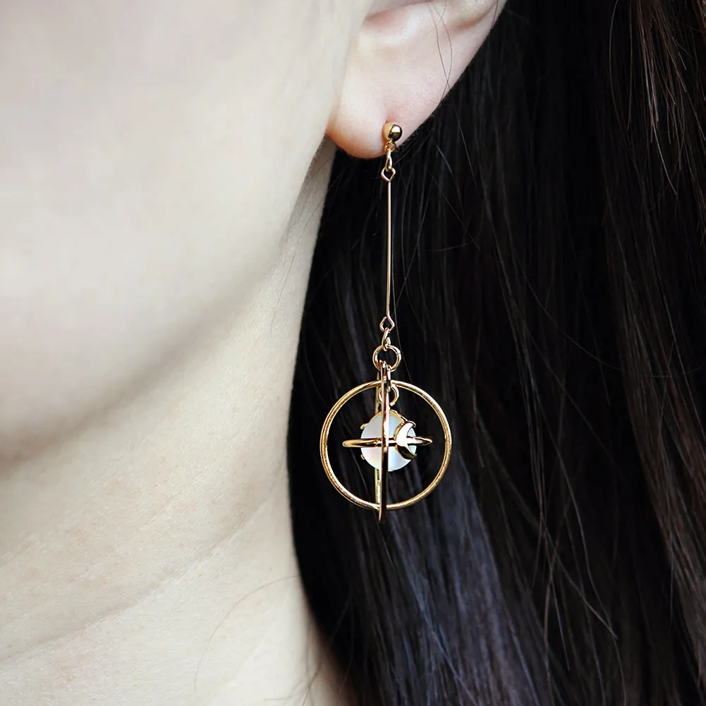 Circle White Planet Dangle Earrings, Drop Earrings, Saturn