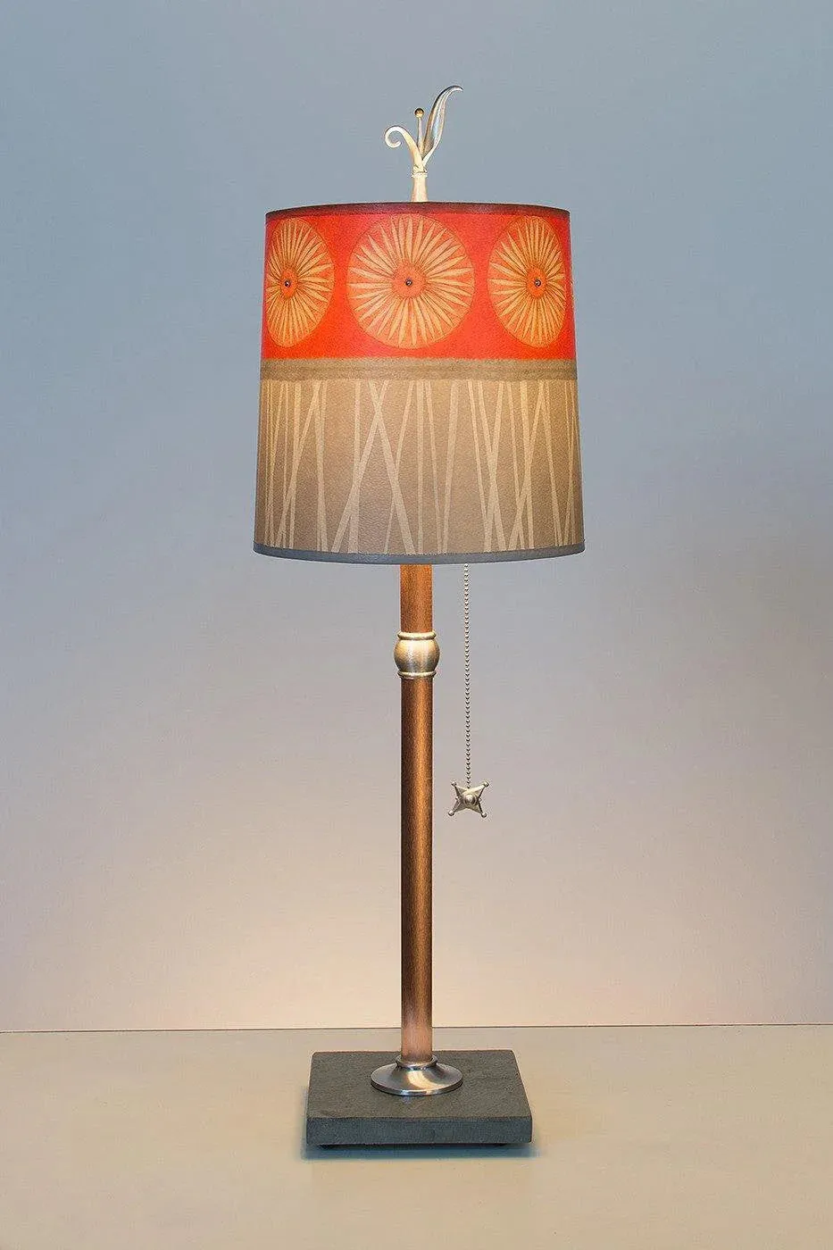 Copper Table Lamp with Medium Conical Shade in Tangerine Pattern