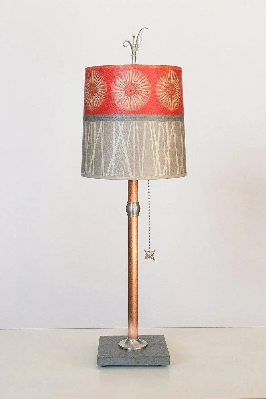 Copper Table Lamp with Medium Conical Shade in Tangerine Pattern