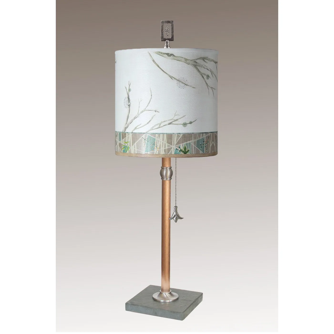 Copper Table Lamp with Medium Drum Shade in Prism Branch