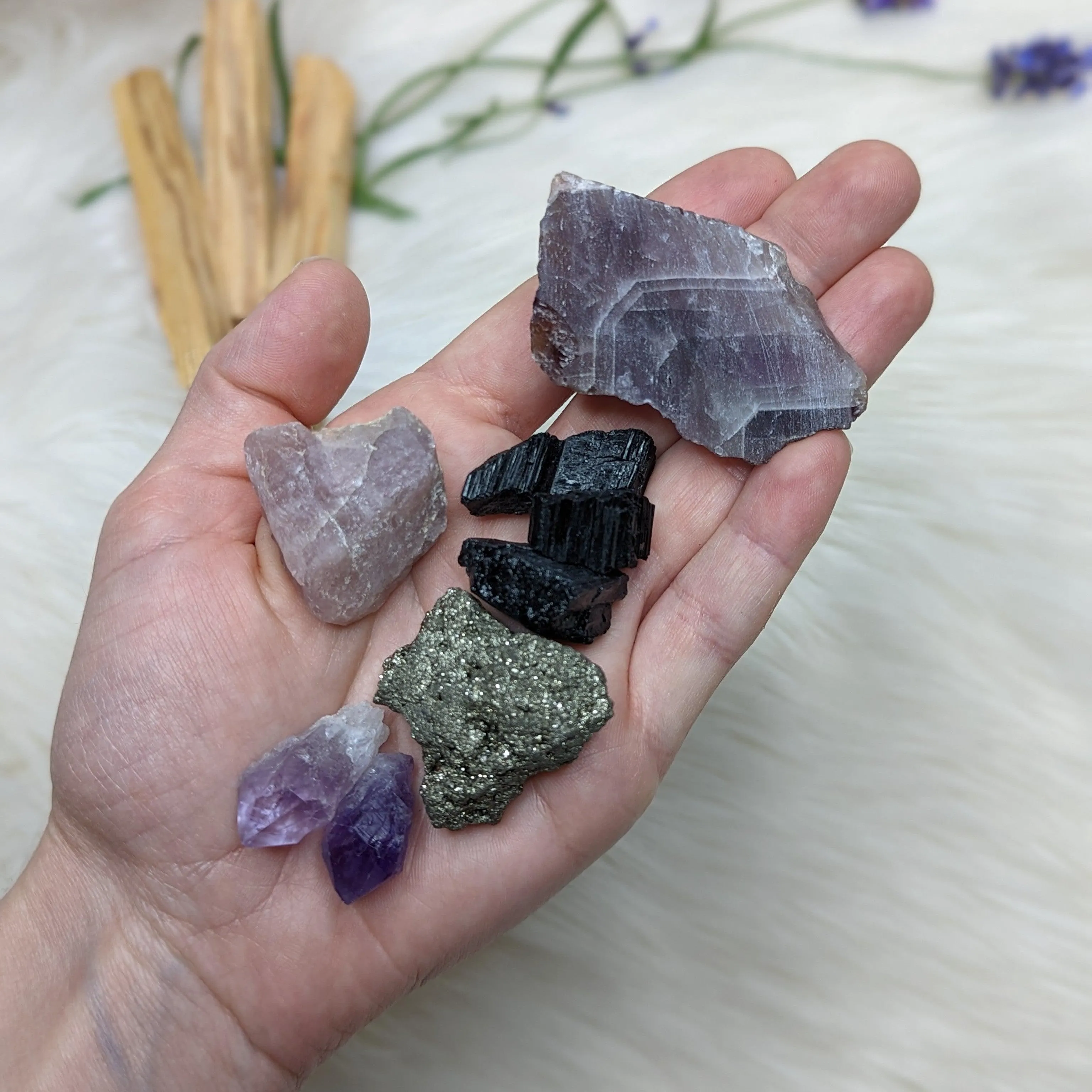 Crystal Set! Auralite-23, Amethyst, Pyrite, Black Tourmaline & Lavender Rose Quartz- Set 2