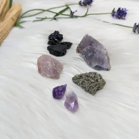 Crystal Set! Auralite-23, Amethyst, Pyrite, Black Tourmaline & Lavender Rose Quartz- Set 2