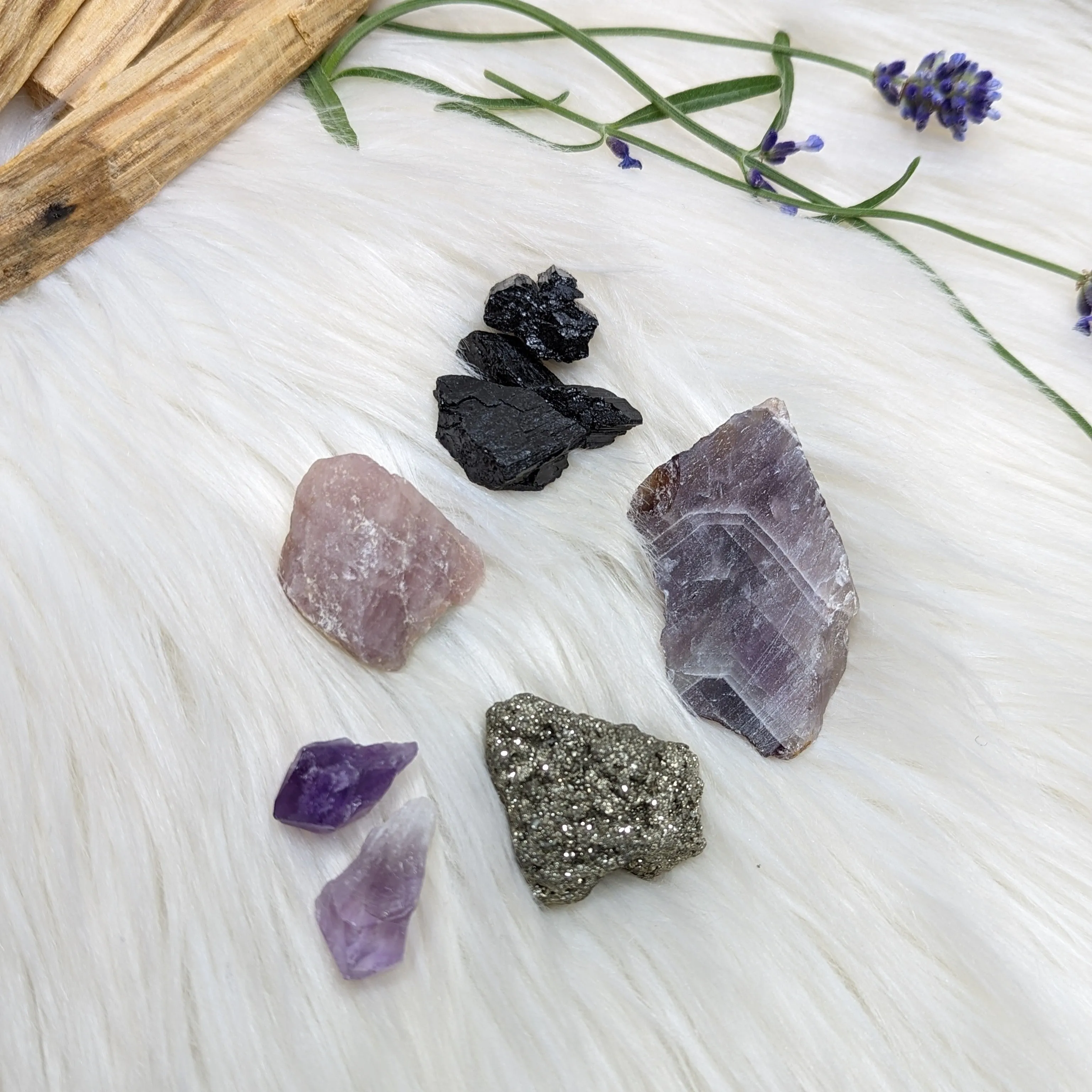 Crystal Set! Auralite-23, Amethyst, Pyrite, Black Tourmaline & Lavender Rose Quartz- Set 2