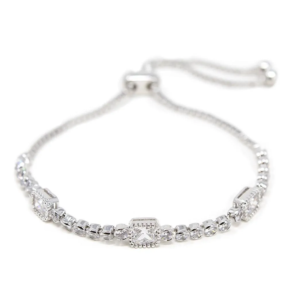 CZ Adjustable Fancy Tennis Bracelet Rhodium Plated