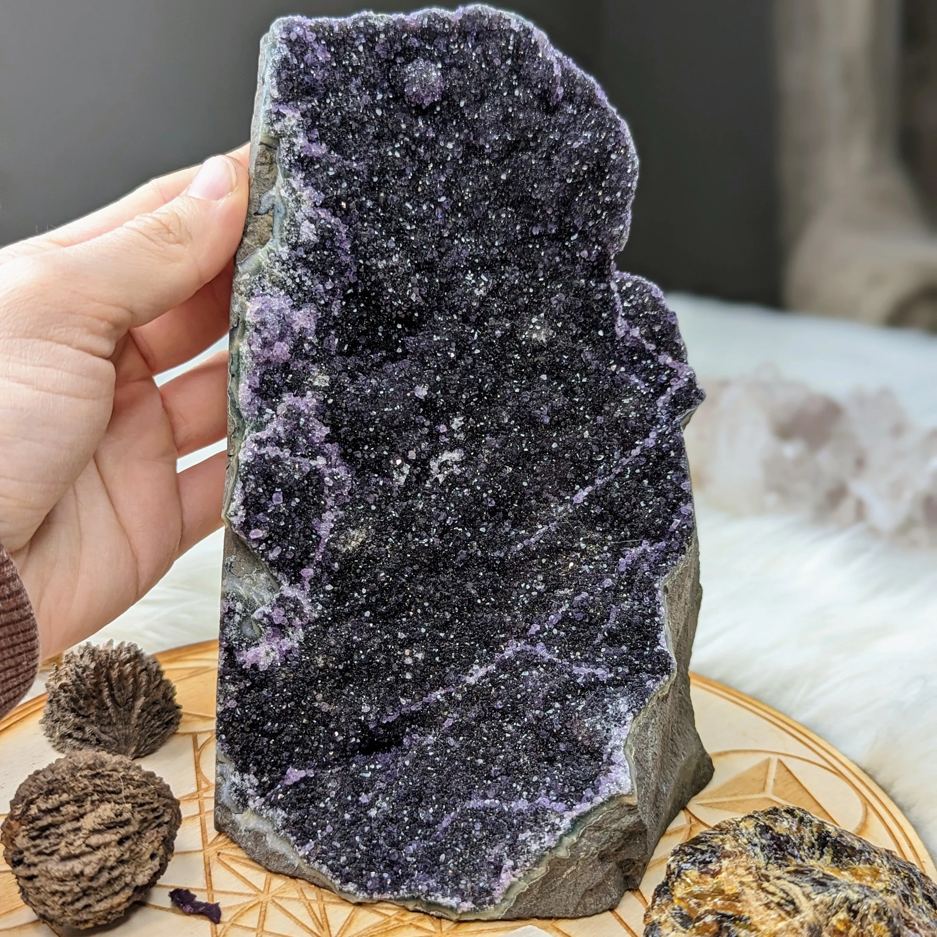 Dark Purple and Black Amethyst Large Formation Display Specimen from Uruguay ~ Sparkling Micro Druze Crystals