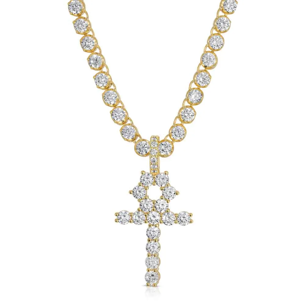 Diamond Ankh Cross Necklace Pendant & Tennis Chain