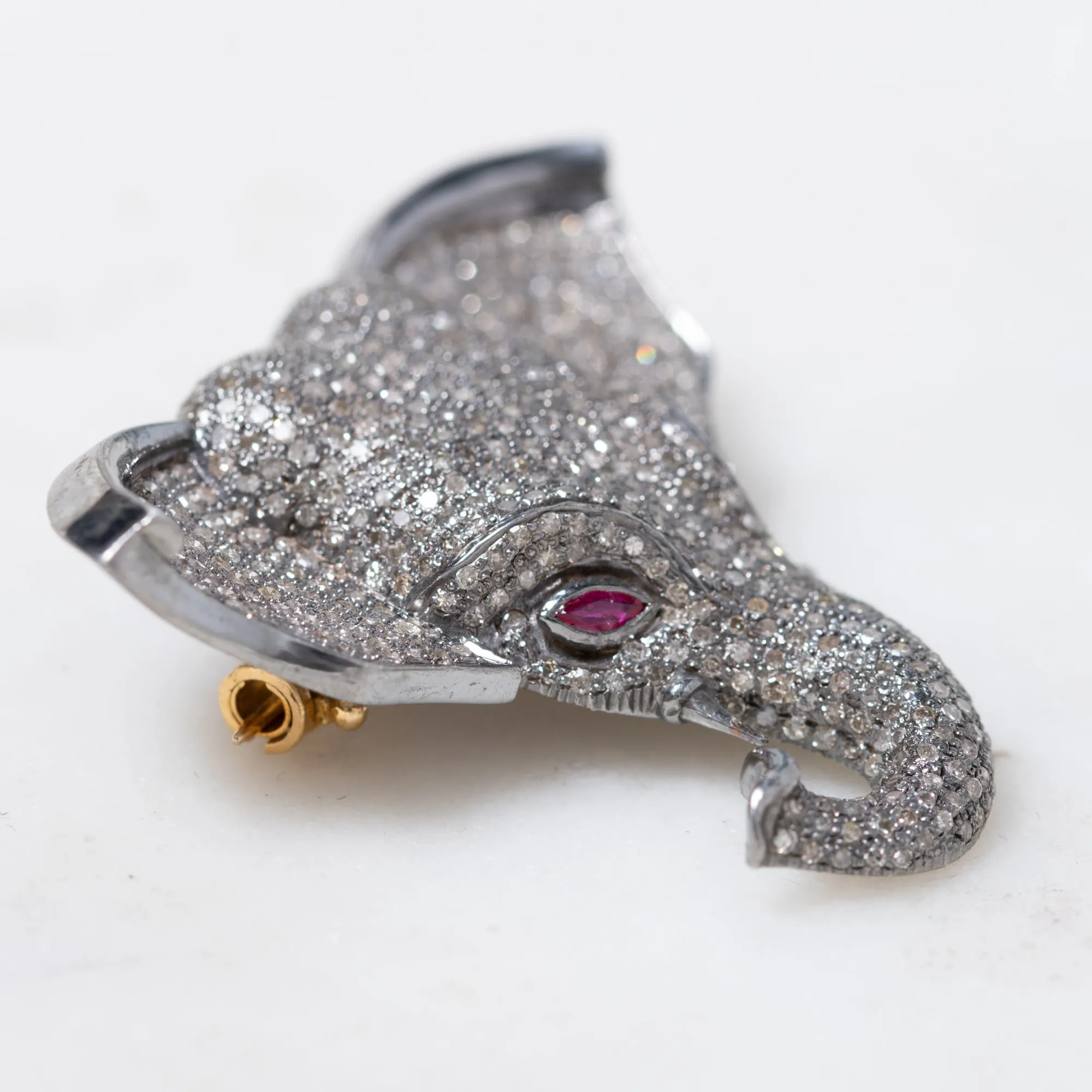 Diamond Elephant Head with Ruby Eyes Brooch